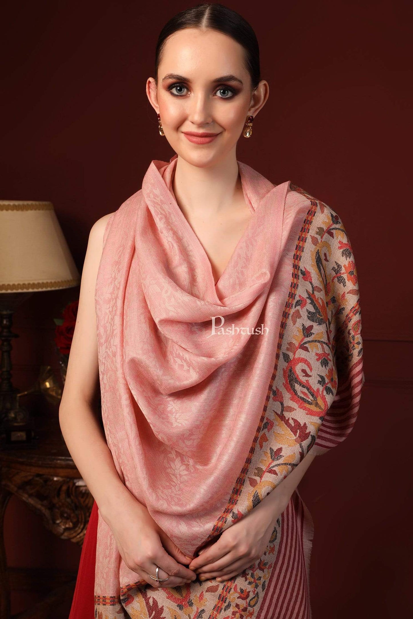 Pashtush India 100x200 Pashtush Women's Soft Wool Cashmere Blended Shawl, Kaani Palla, Blush Pink