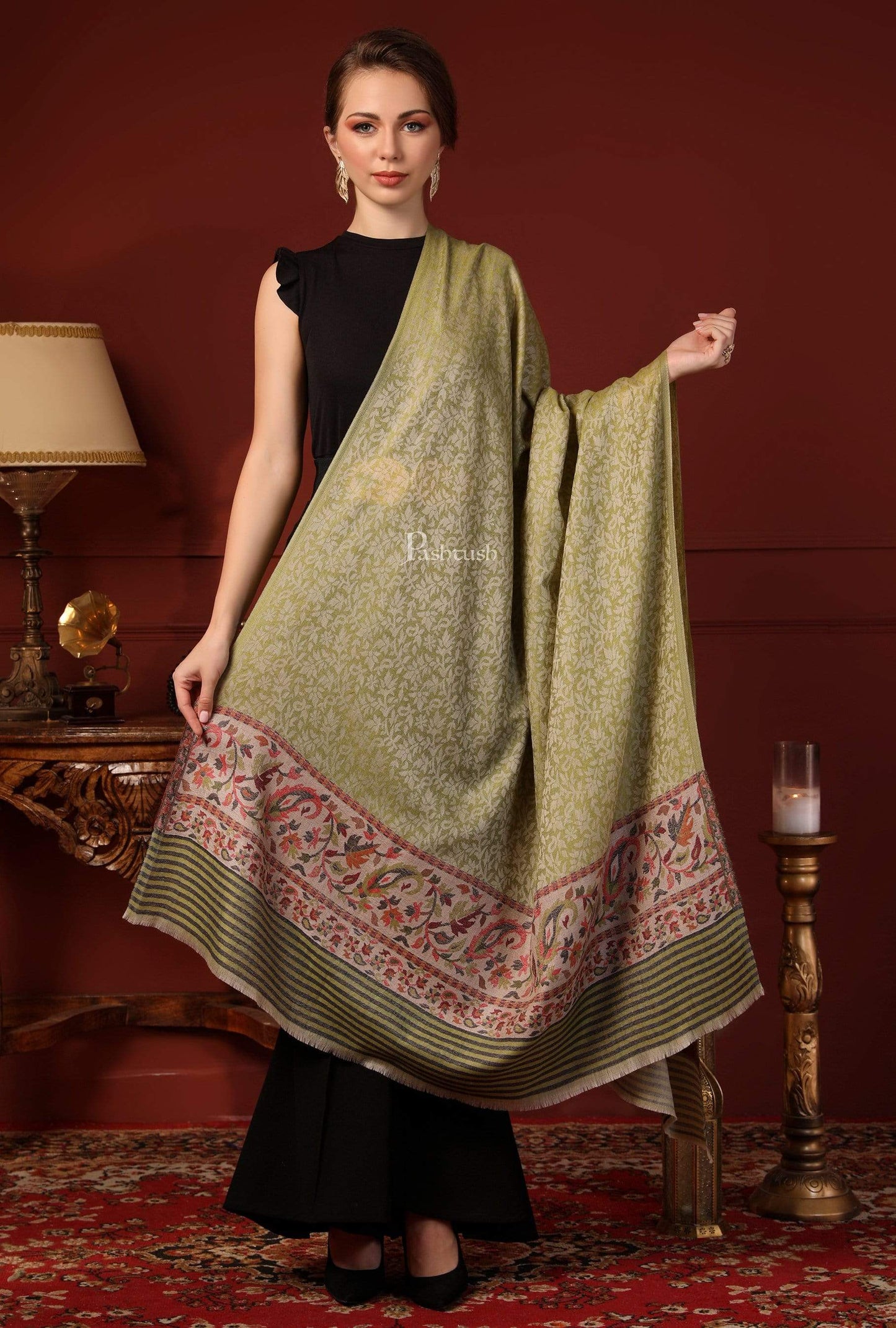 Pashtush India 100x200 Pashtush Women's Soft Wool Cashmere Blended Shawl, Kaani Palla, Green