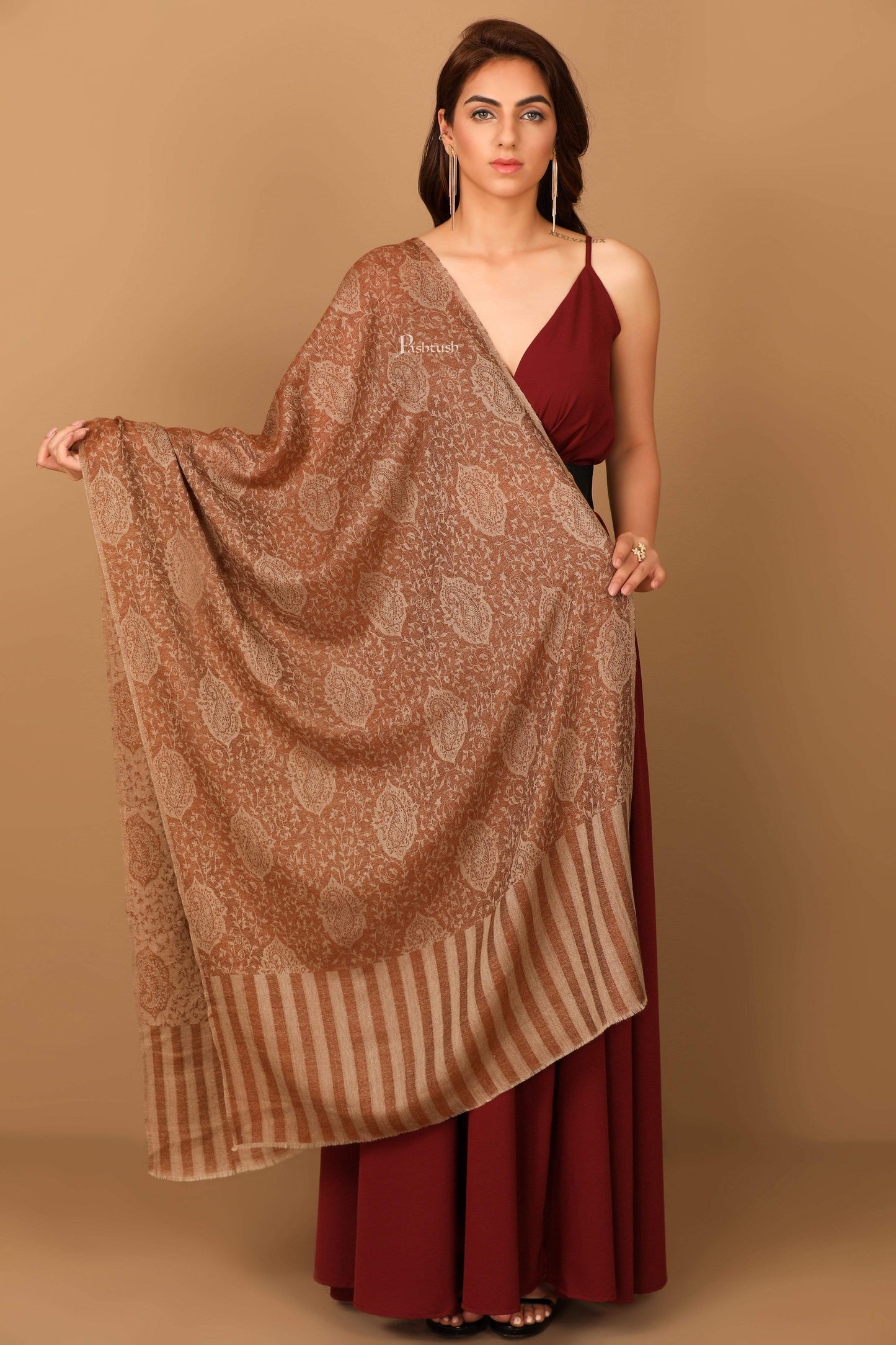 Pashtush India 70x200 Pashtush Women's Soft Wool, Reversible Stole Scarf, Espresso Brown