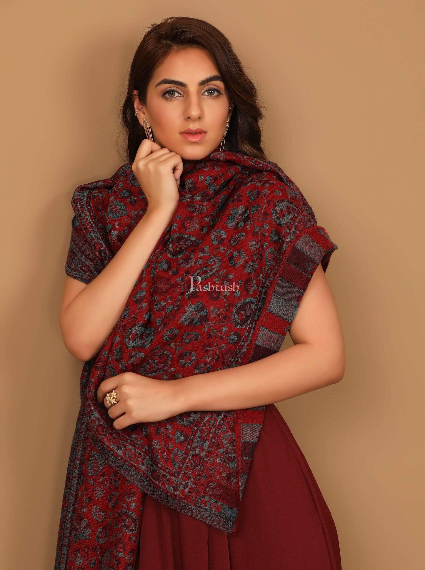 Pashtush India Stole Pashtush Women's Soft Wool, Reversible Stole, Scarf, Kaani Weave, Deep Maroon
