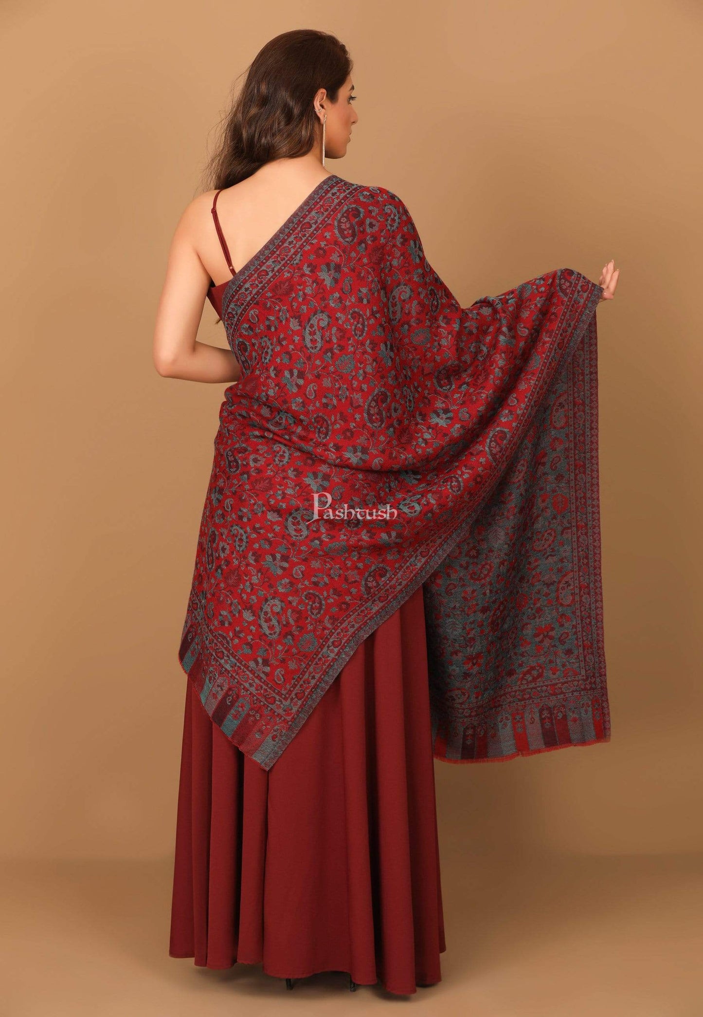 Pashtush India Stole Pashtush Women's Soft Wool, Reversible Stole, Scarf, Kaani Weave, Deep Maroon