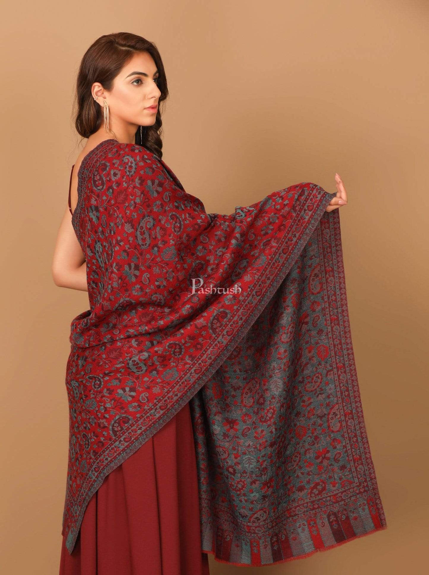 Pashtush India Stole Pashtush Women's Soft Wool, Reversible Stole, Scarf, Kaani Weave, Deep Maroon