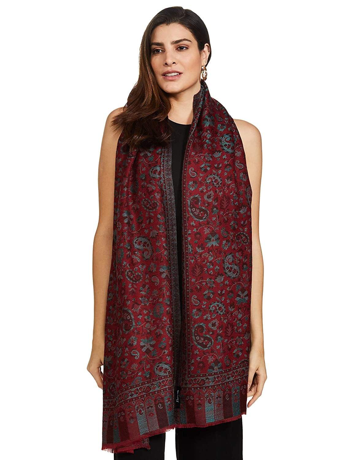 Pashtush India 70x200 Pashtush Women's Soft Wool, Reversible Stole, Scarf, Kaani Weave, Deep Maroon