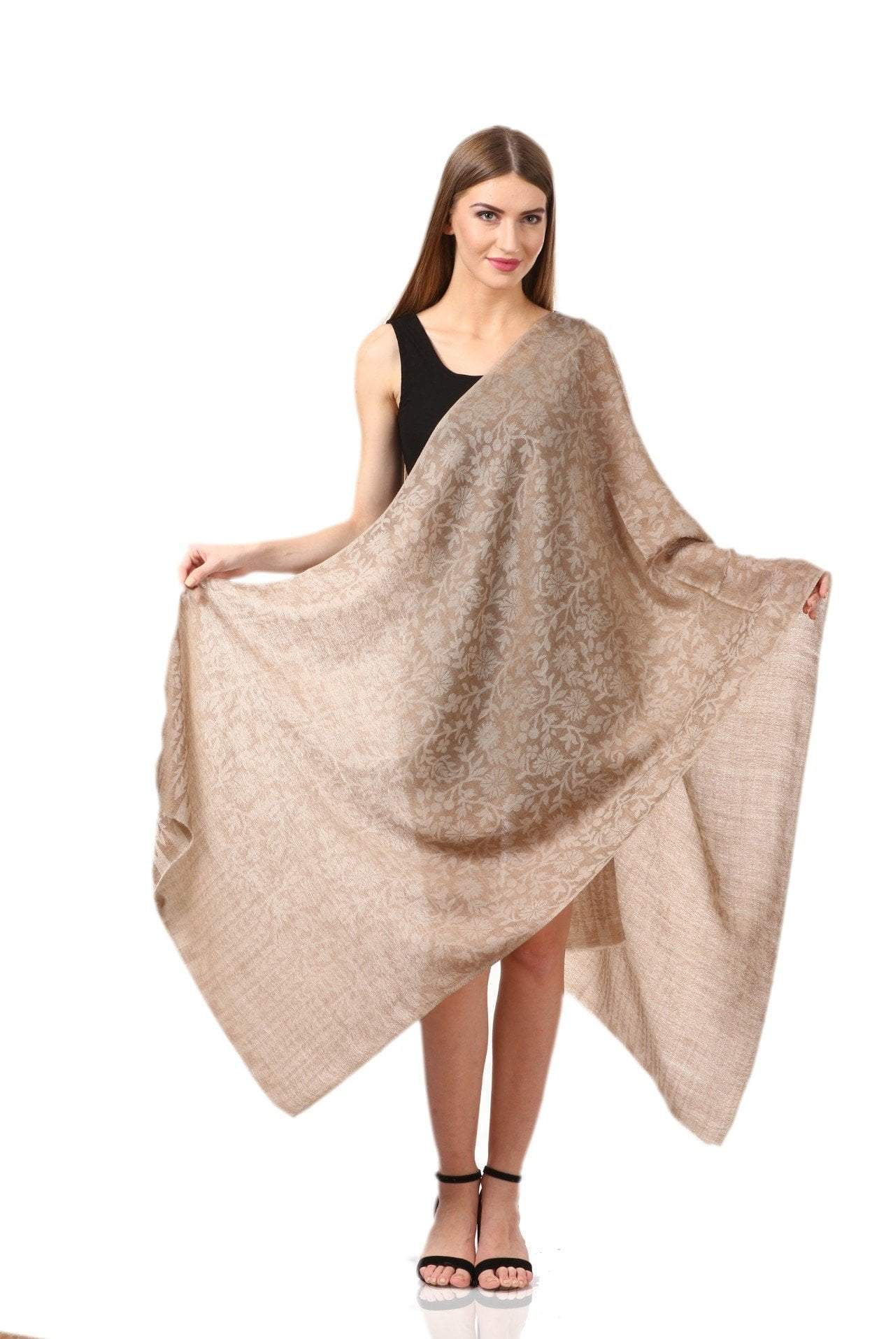 Pashtush India 70x200 Pashtush Women's Wool Self Reversible Scarf Floral Jacquard Design, Silk-Pashmina