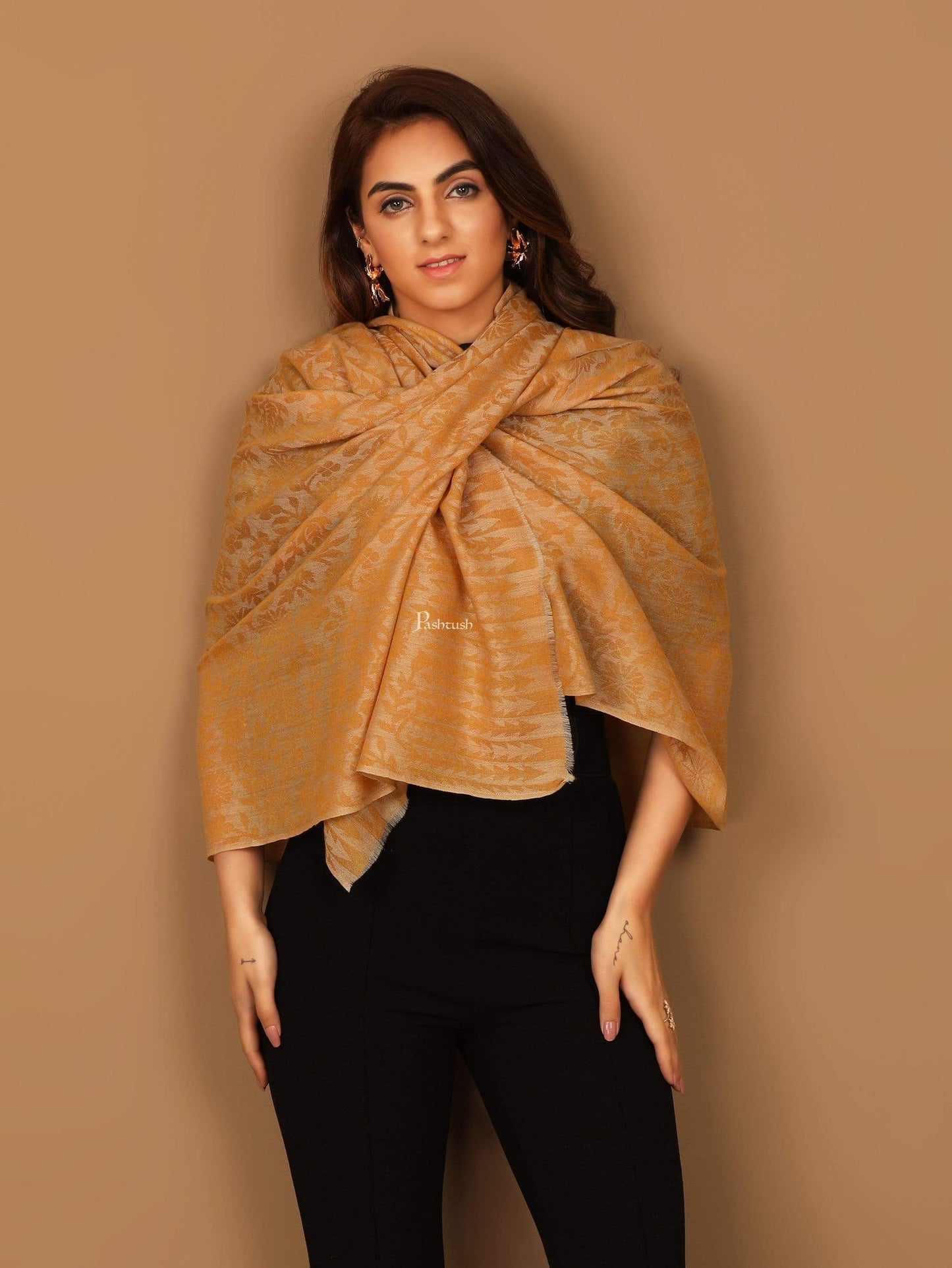 Pashtush Shawl Store Stole Pashtush Women's Wool Self Reversible Scarf Floral Jacquard Design, Silk-Wool