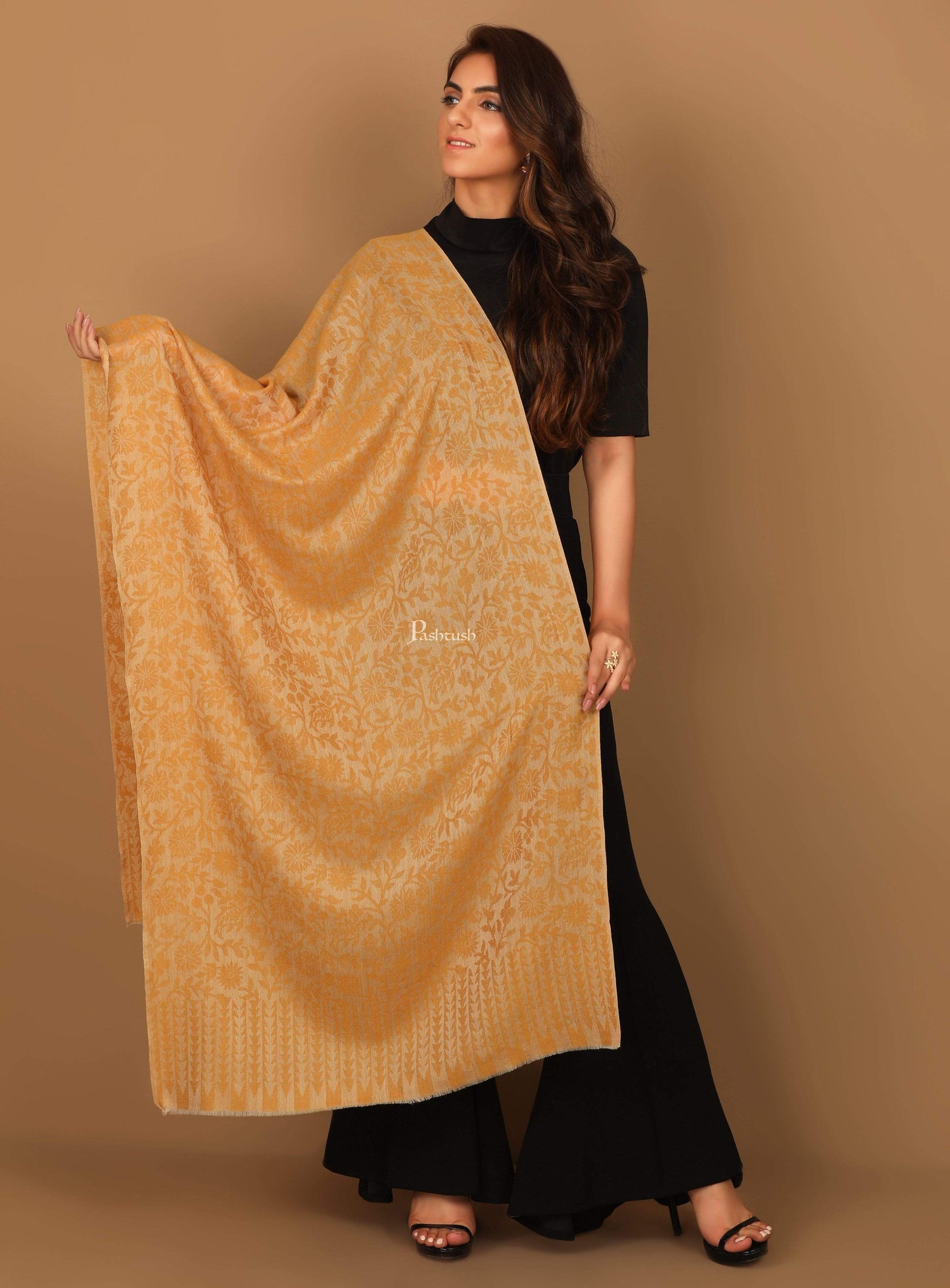 Pashtush Shawl Store Stole Pashtush Women's Wool Self Reversible Scarf Floral Jacquard Design, Silk-Wool