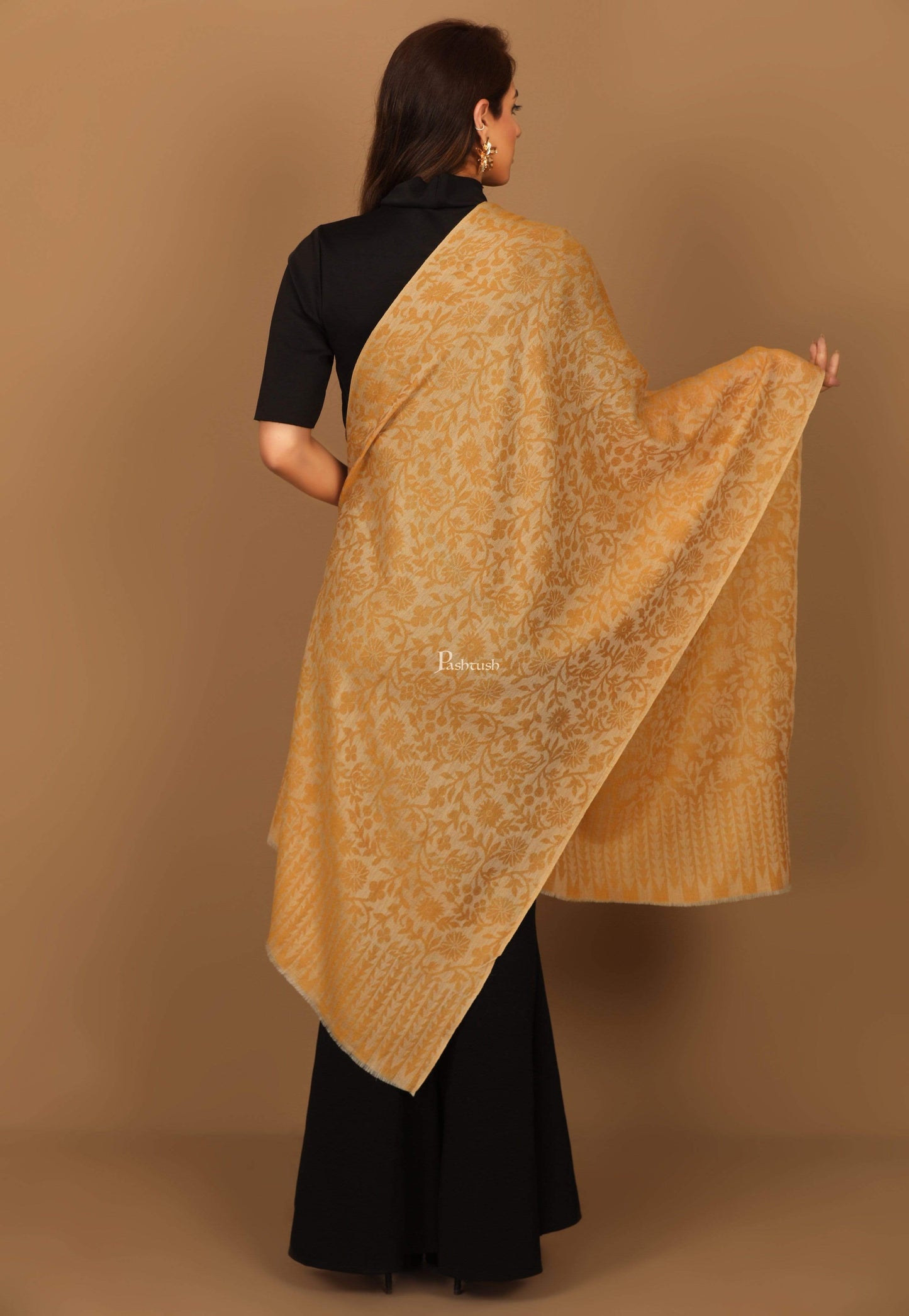 Pashtush Shawl Store Stole Pashtush Women's Wool Self Reversible Scarf Floral Jacquard Design, Silk-Wool