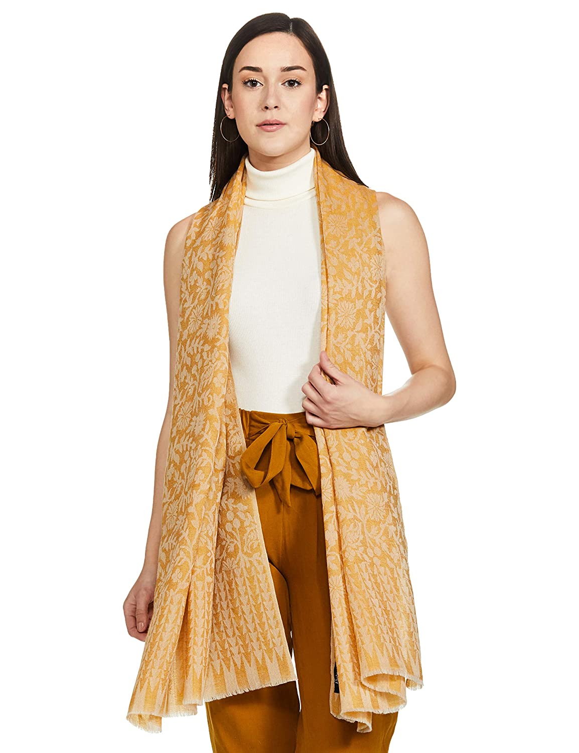 Pashtush India 70x200 Pashtush Women's Wool Self Reversible Scarf Floral Jacquard Design, Silk-Wool