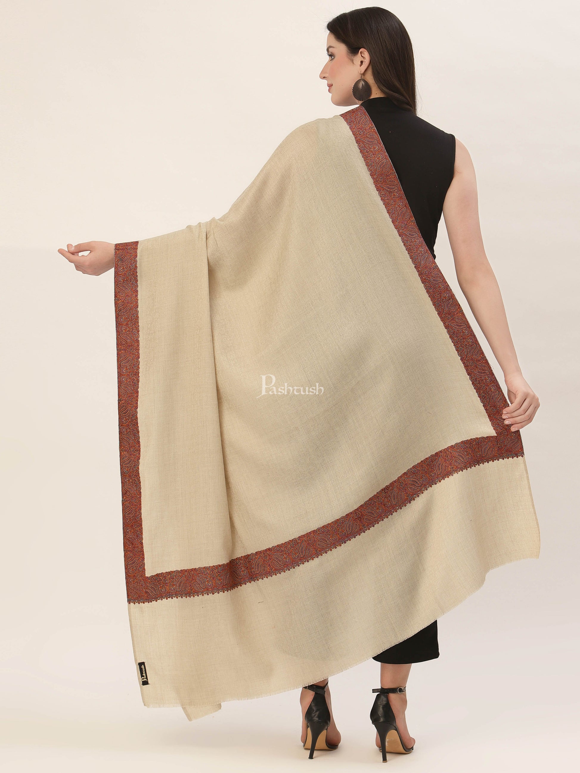 Pashtush India Womens Shawls Pashtush Women'S Wool Shawl Embroidered Border Beige