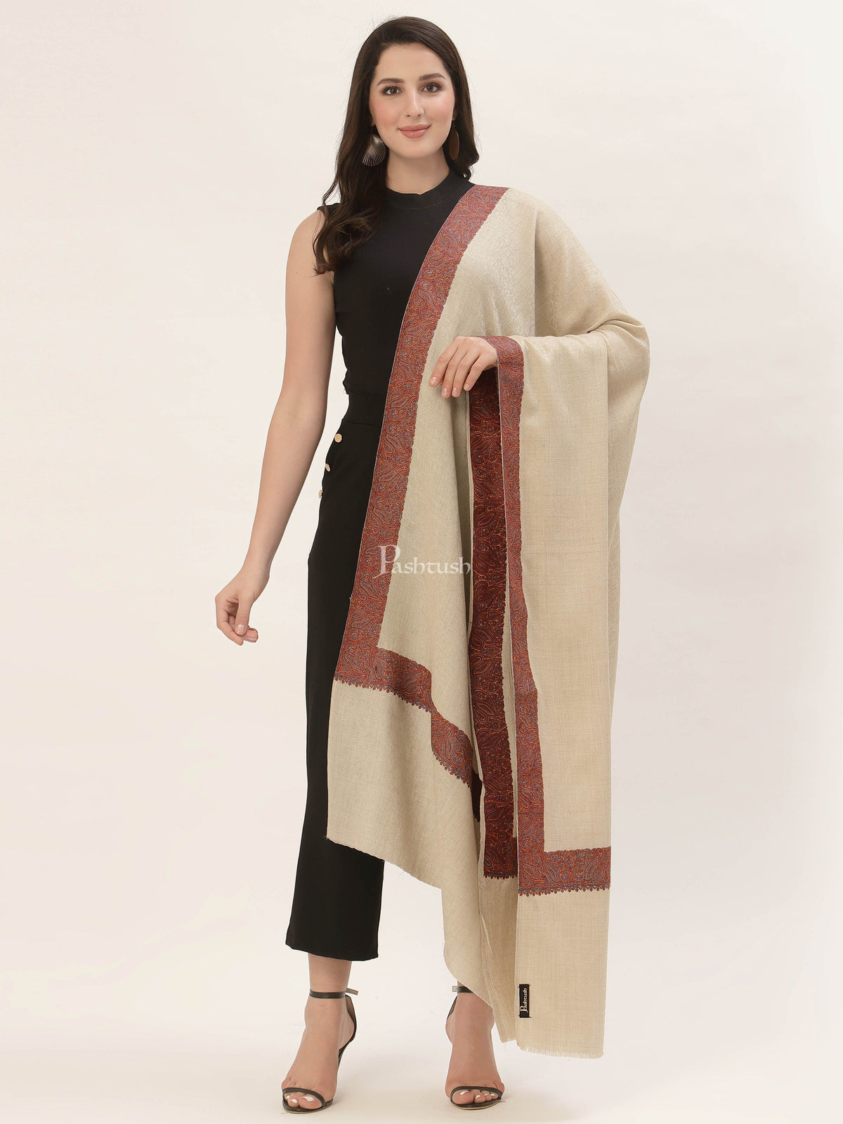 Pashtush India Womens Shawls Pashtush Women'S Wool Shawl Embroidered Border Beige