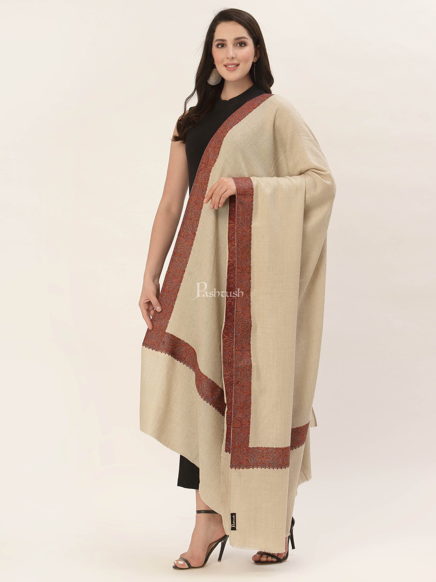 Pashtush India Womens Shawls Pashtush Women'S Wool Shawl Embroidered Border Beige