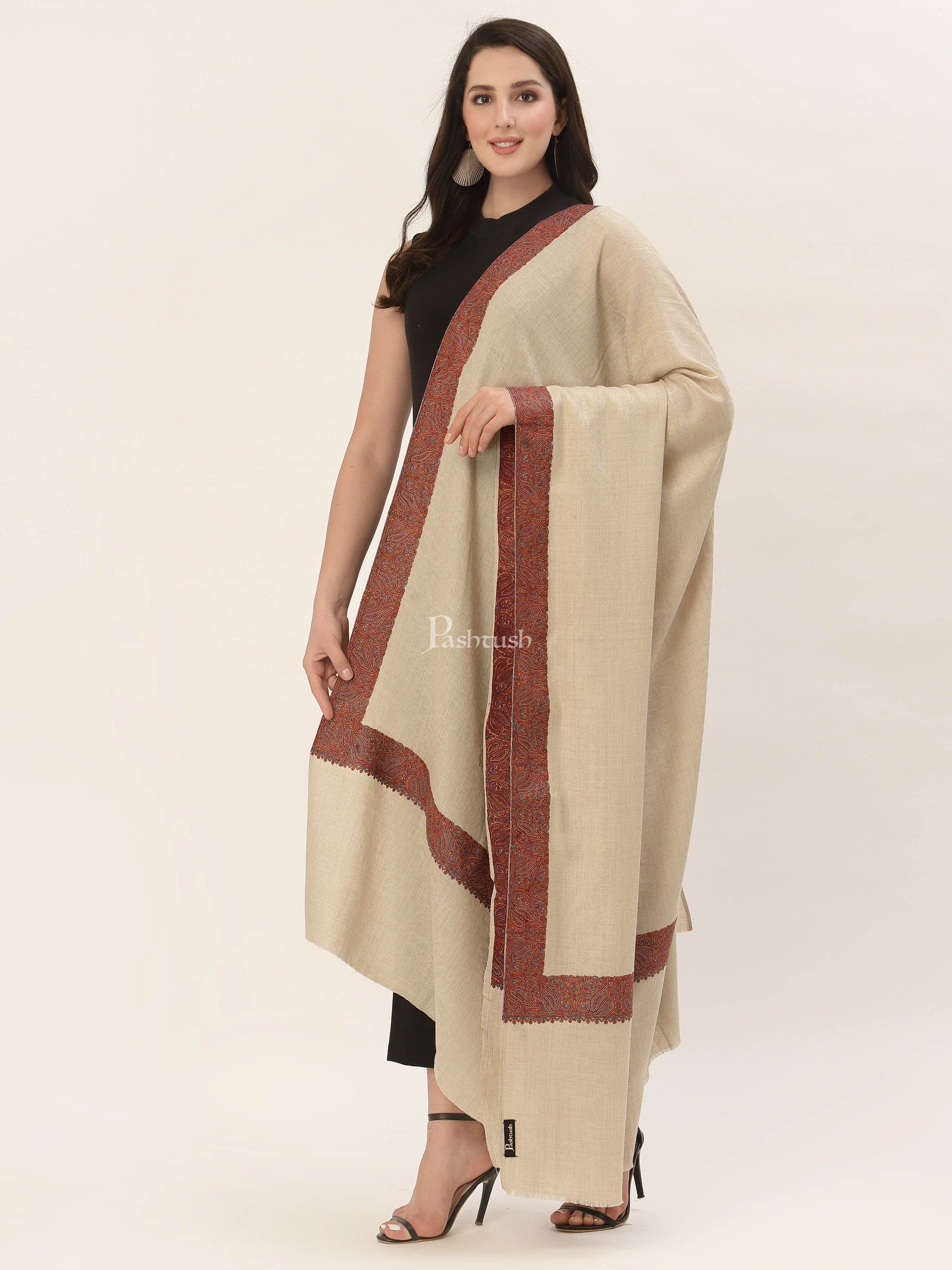 Pashtush India Womens Shawls Pashtush Women'S Wool Shawl Embroidered Border Beige