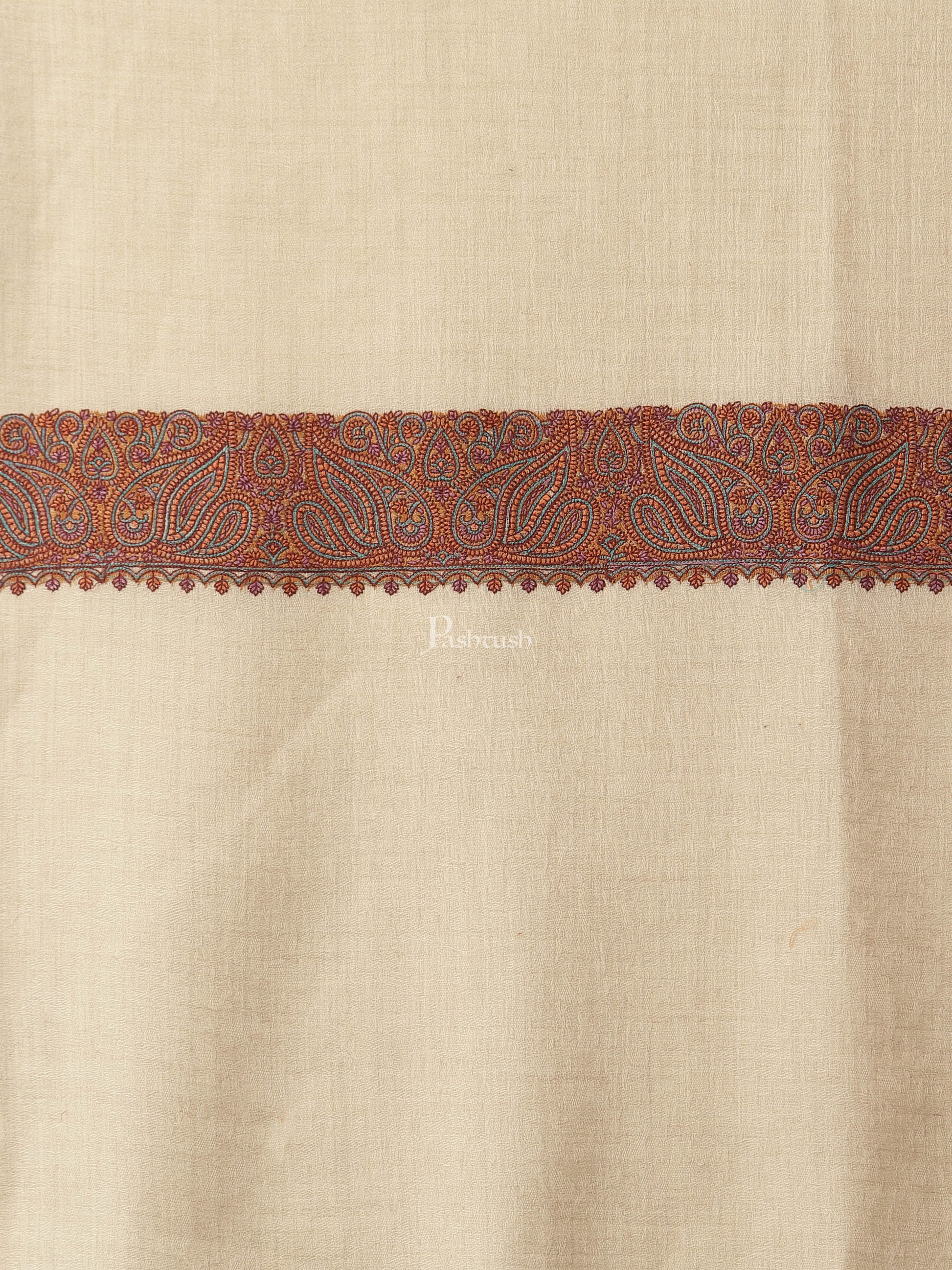 Pashtush India Womens Shawls Pashtush Women'S Wool Shawl Embroidered Border Beige
