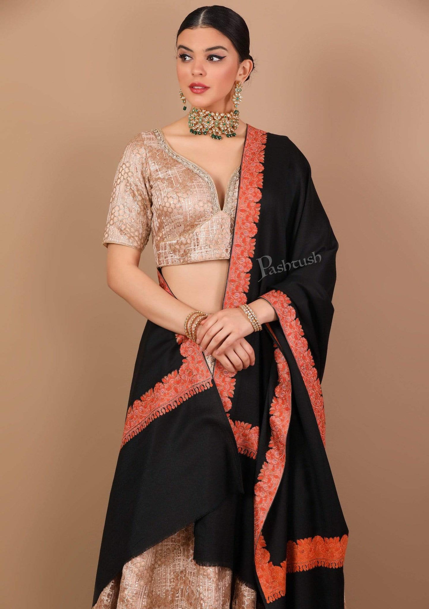 Pashtush Store Shawl Pashtush Women's Wool Shawl embroidered border, Rich Black