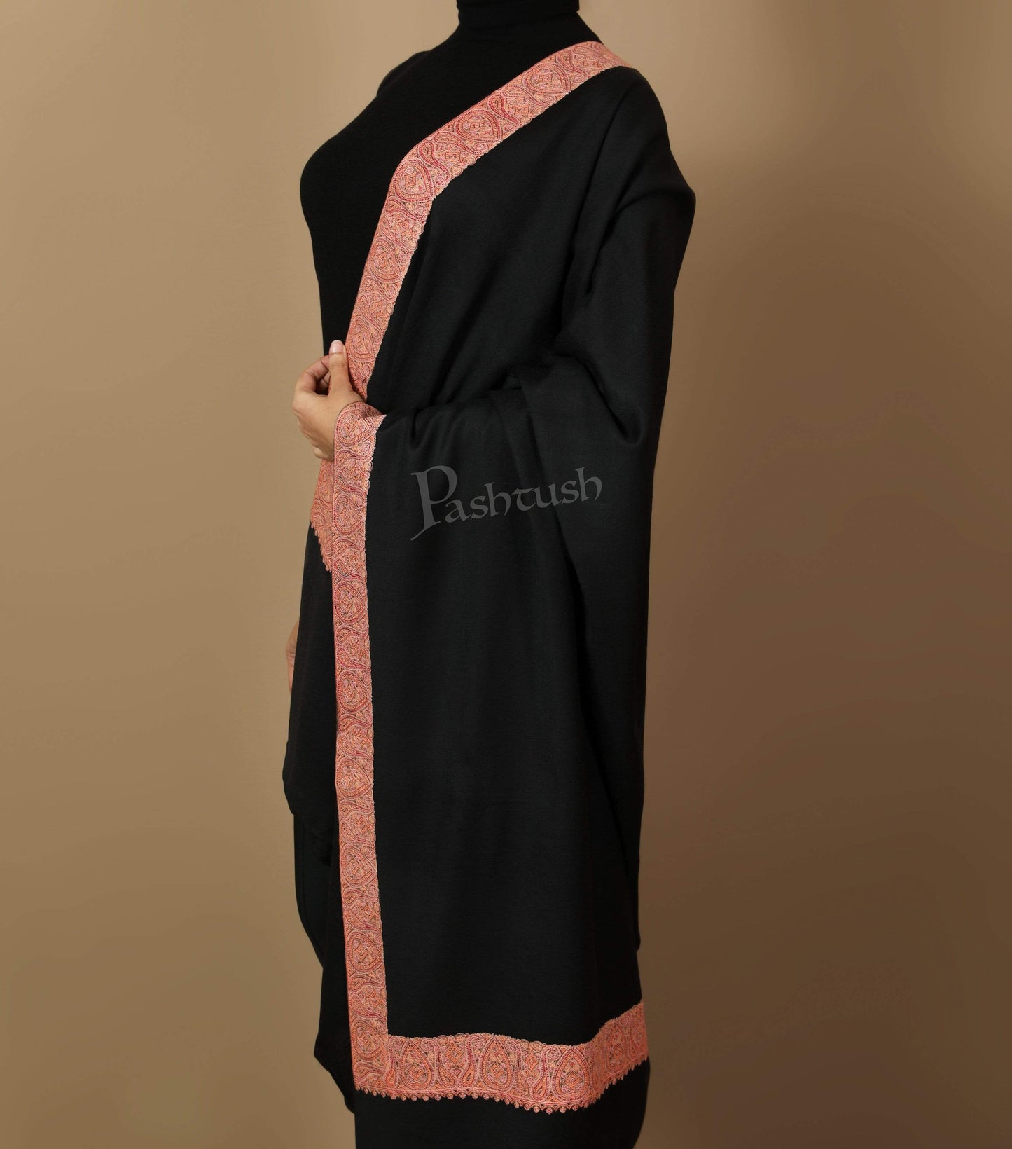Pashtush Store Shawl Pashtush Women's Wool Shawl embroidered border, Rich Black