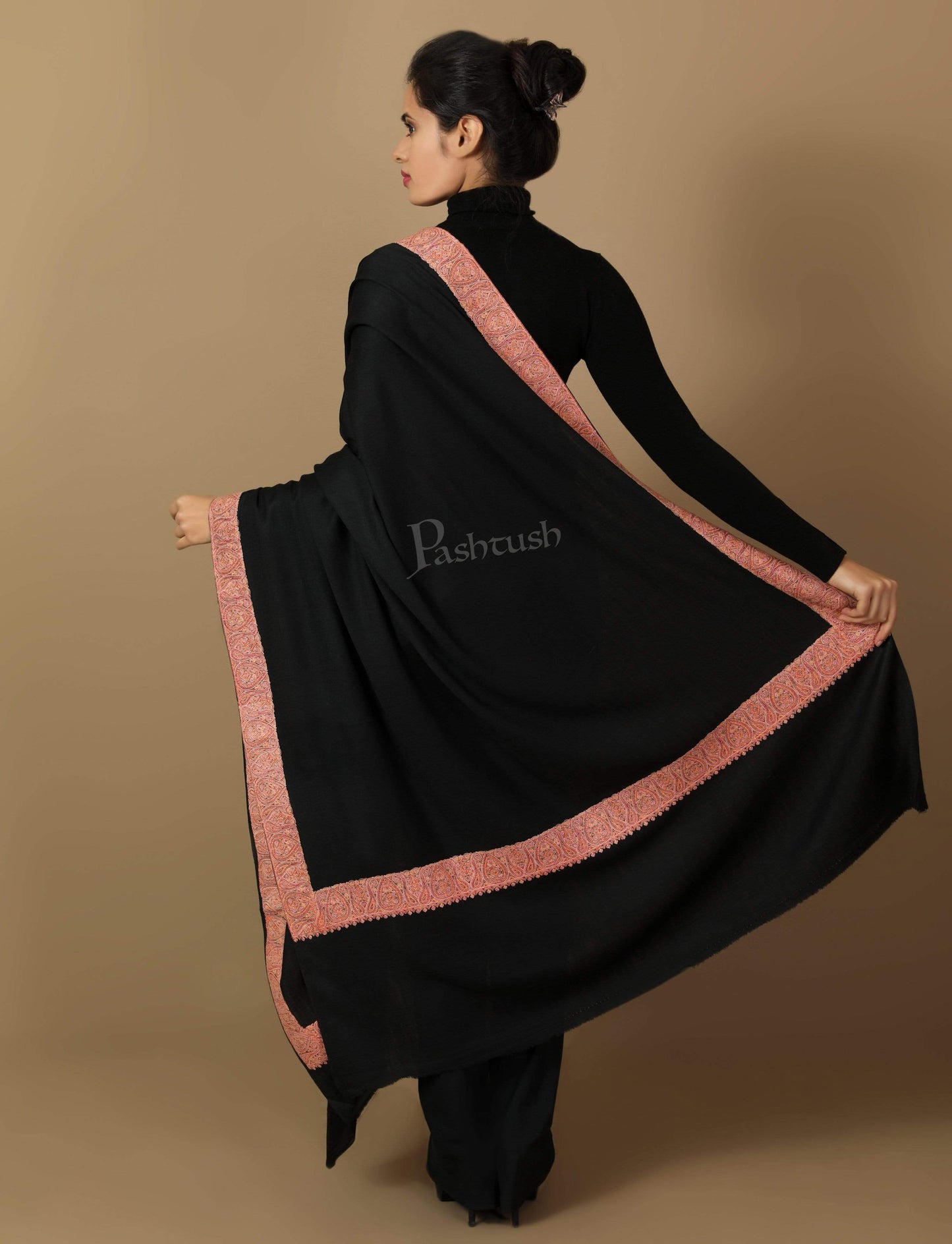 Pashtush Store Shawl Pashtush Women's Wool Shawl embroidered border, Rich Black