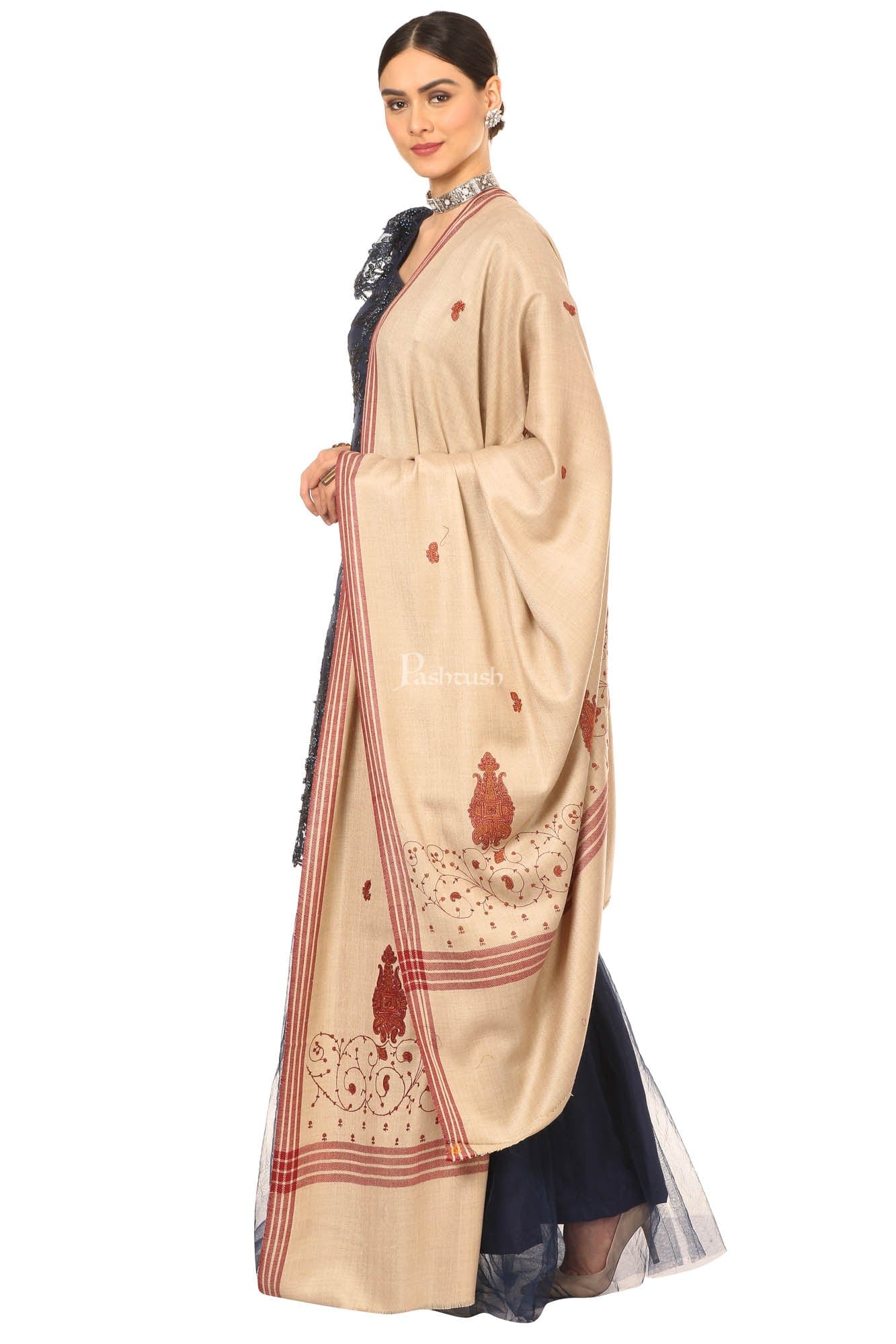 Pashtush India Womens Shawls Pashtush Women'S Wool Shawl With Hand Embroidery (Taupe , Free Size)