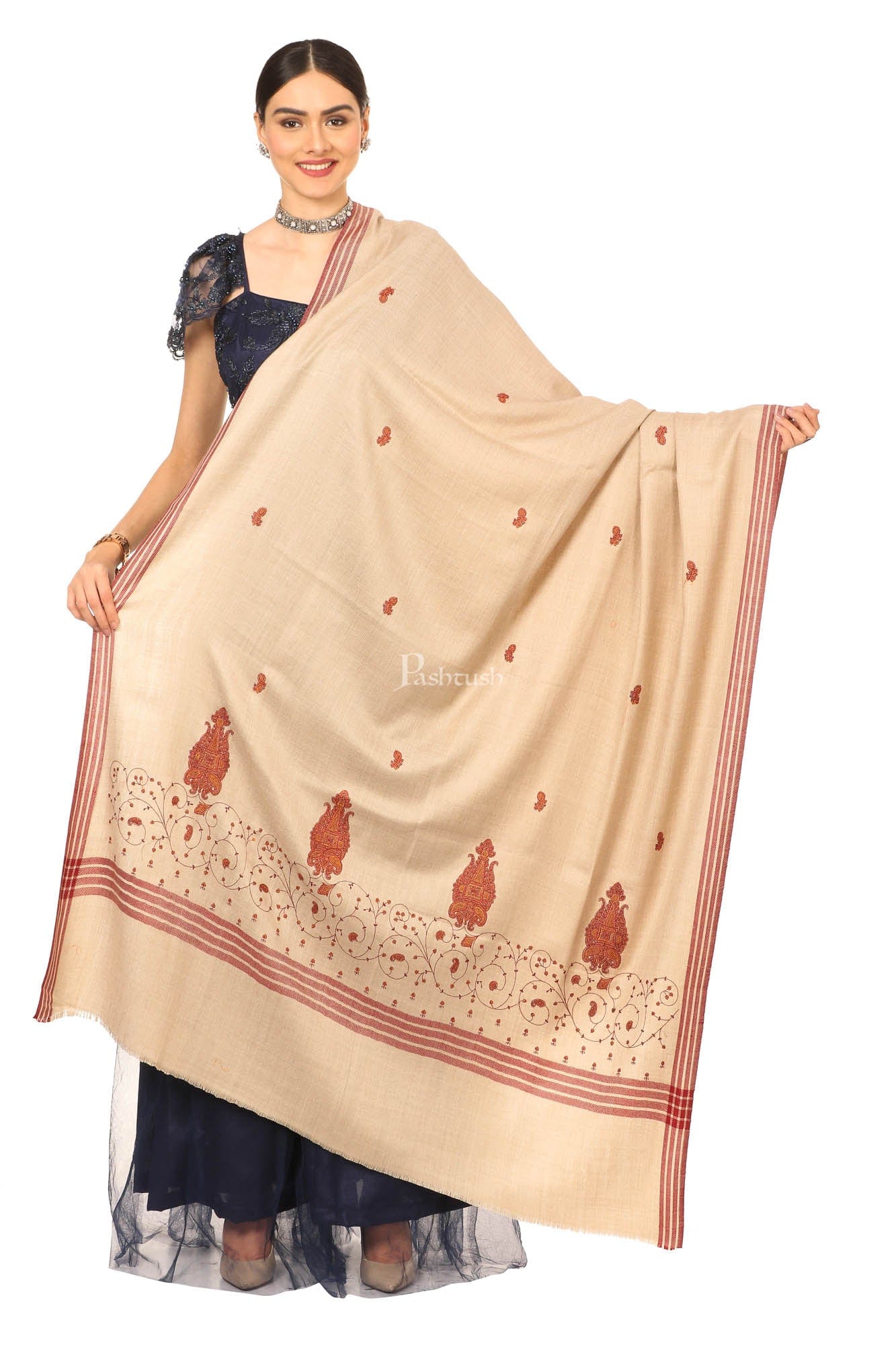 Pashtush India Womens Shawls Pashtush Women'S Wool Shawl With Hand Embroidery (Taupe , Free Size)