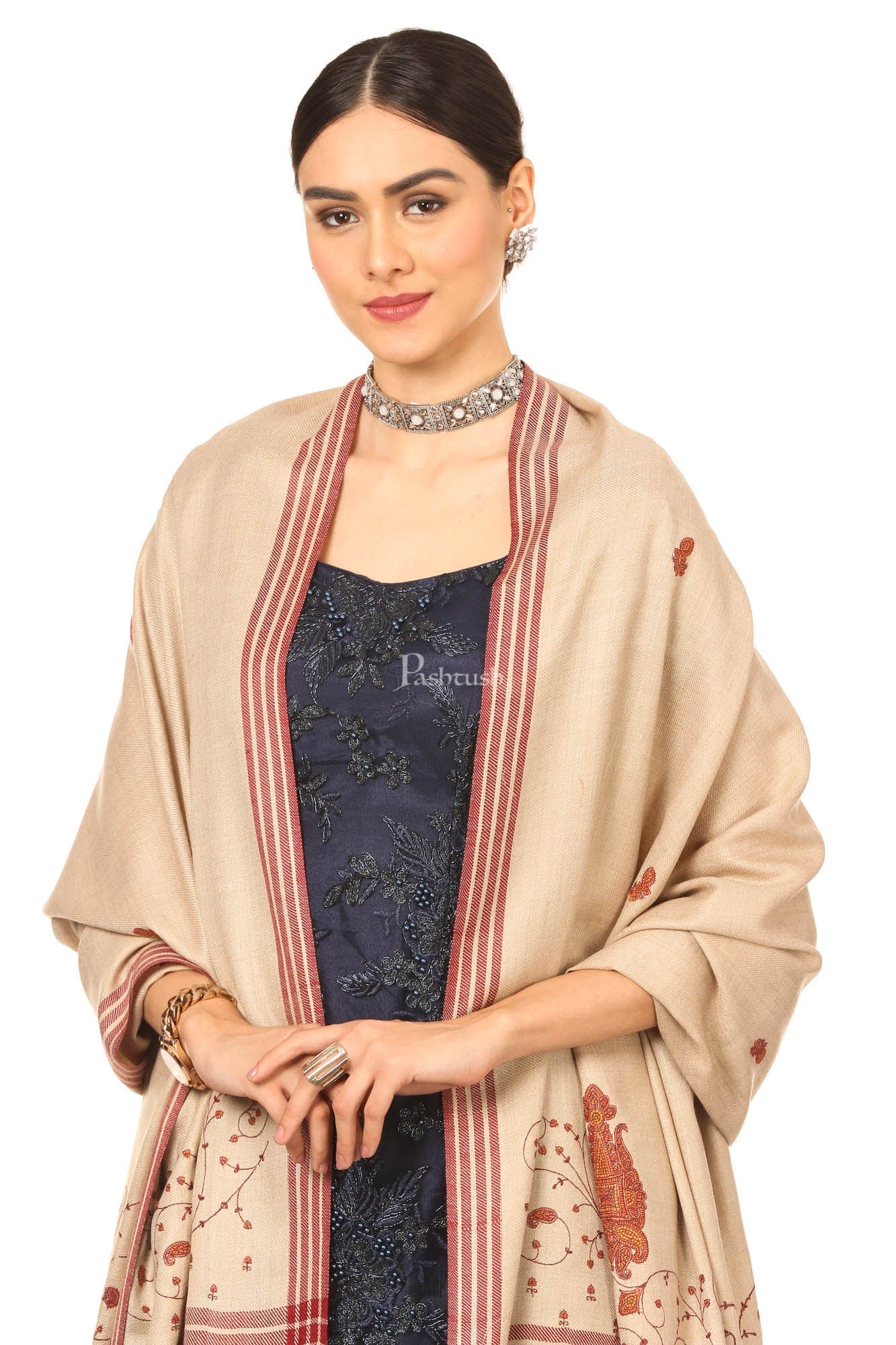 Pashtush India Womens Shawls Pashtush Women'S Wool Shawl With Hand Embroidery (Taupe , Free Size)