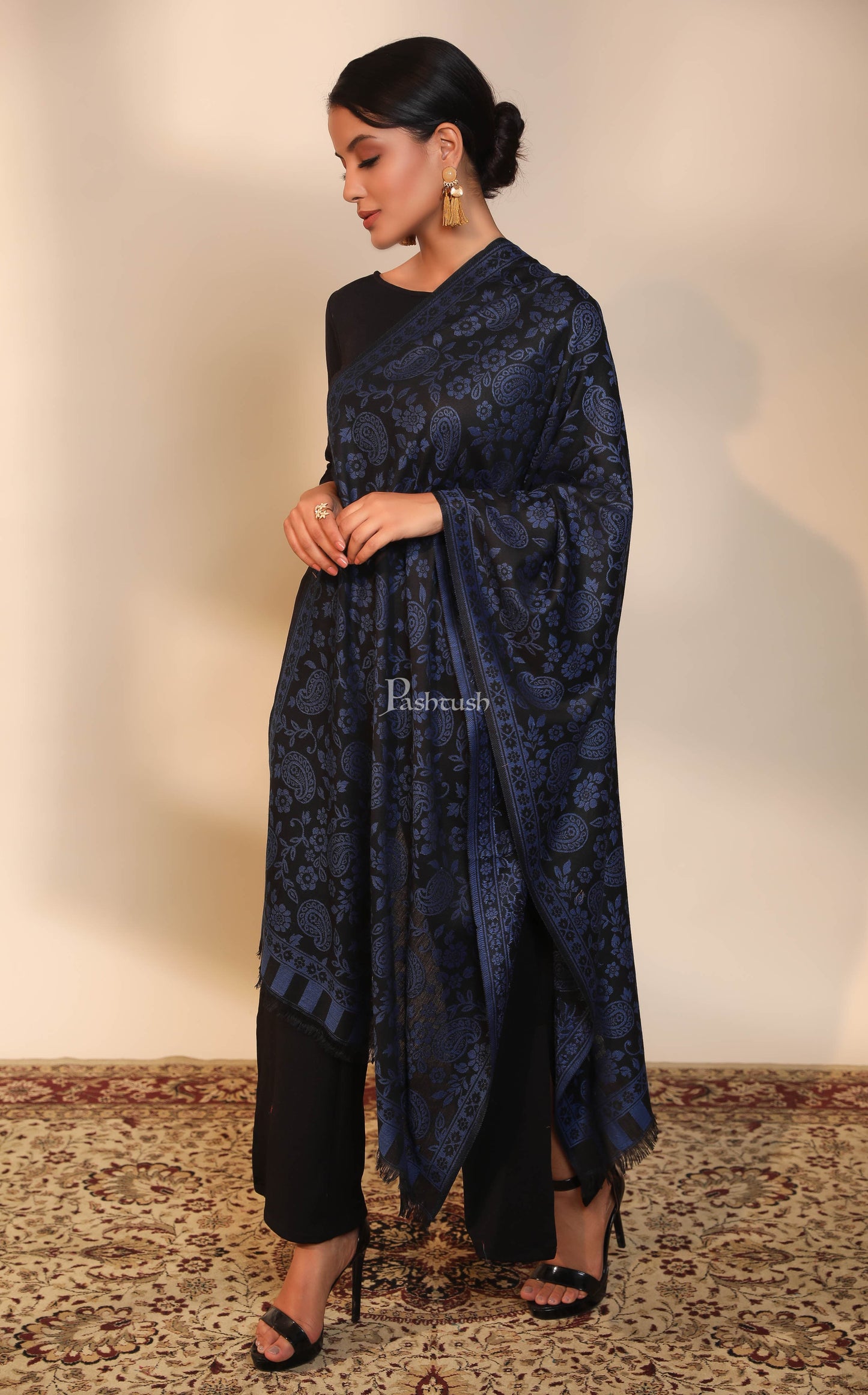 Pashtush India Womens Stoles and Scarves Scarf Pashtush women stole, design, black and blue