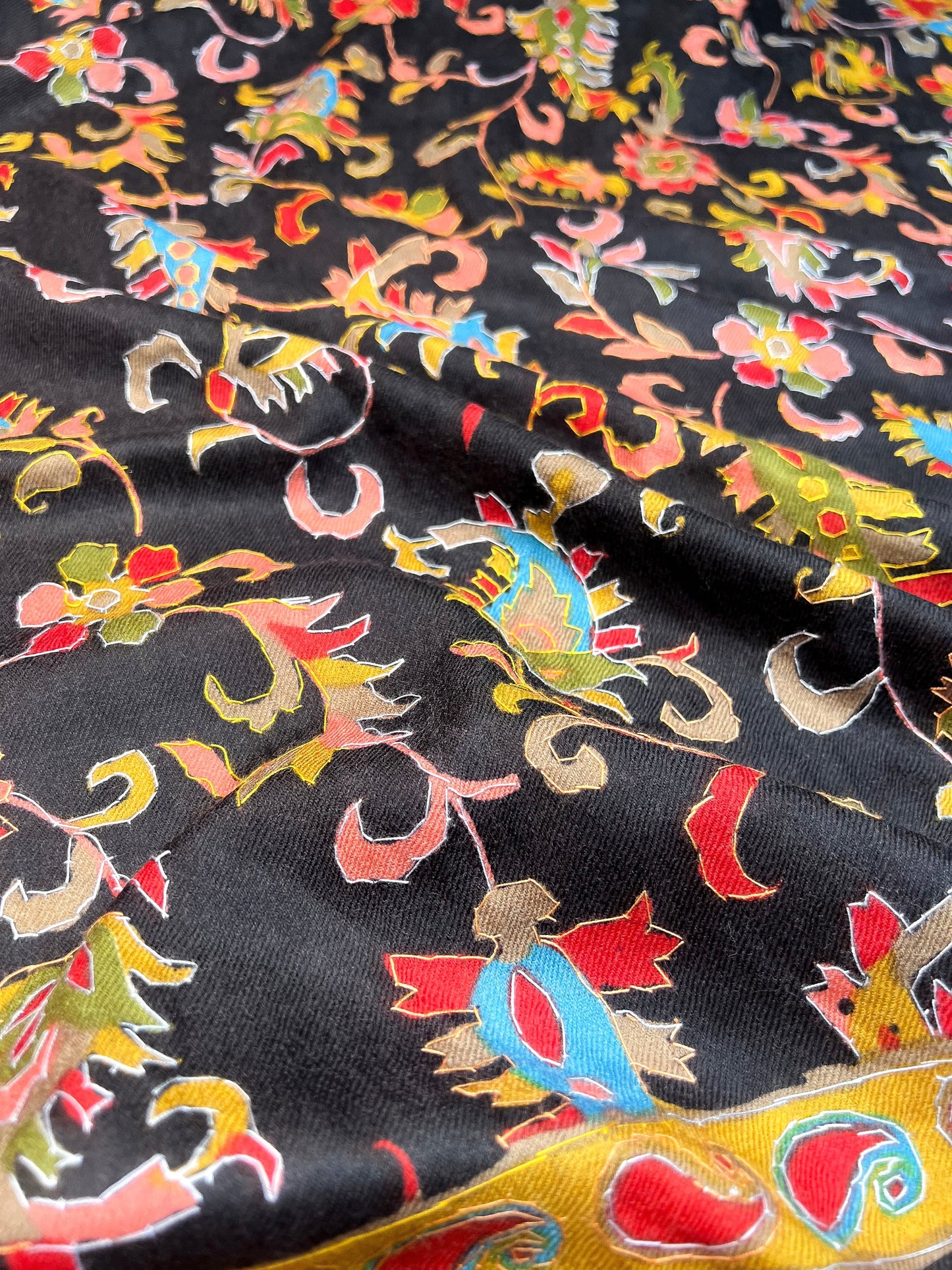 Pashtush India Womens Stoles and Scarves Scarf Pashtush Womens 100% Hand Embroidered Kalamkari Fine Wool Hand Printed Stole, Rich Black