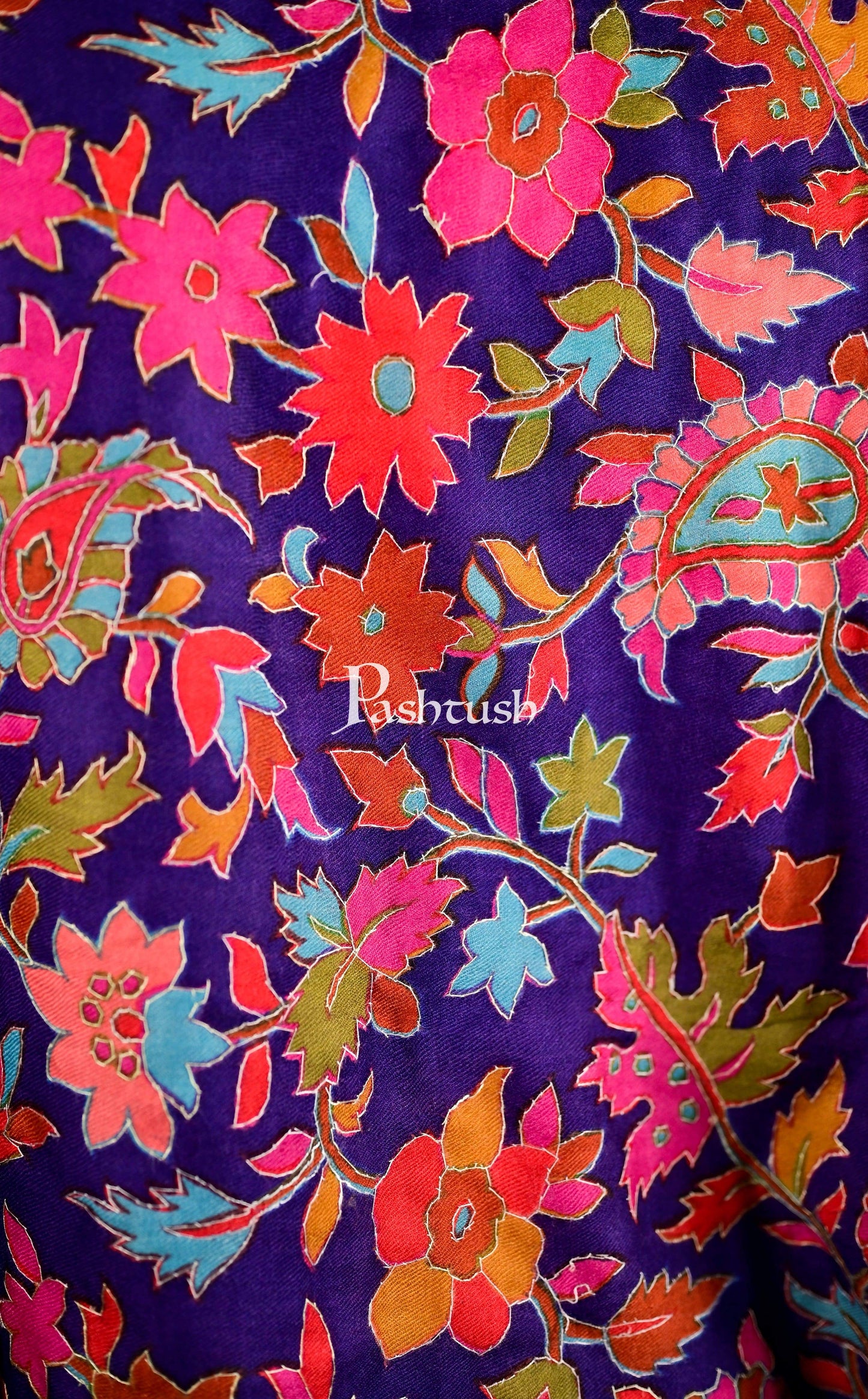 Pashtush India 70x200 Pashtush Womens 100% Hand Embroidered Kalamkari Stole, Fine Wool, Blue