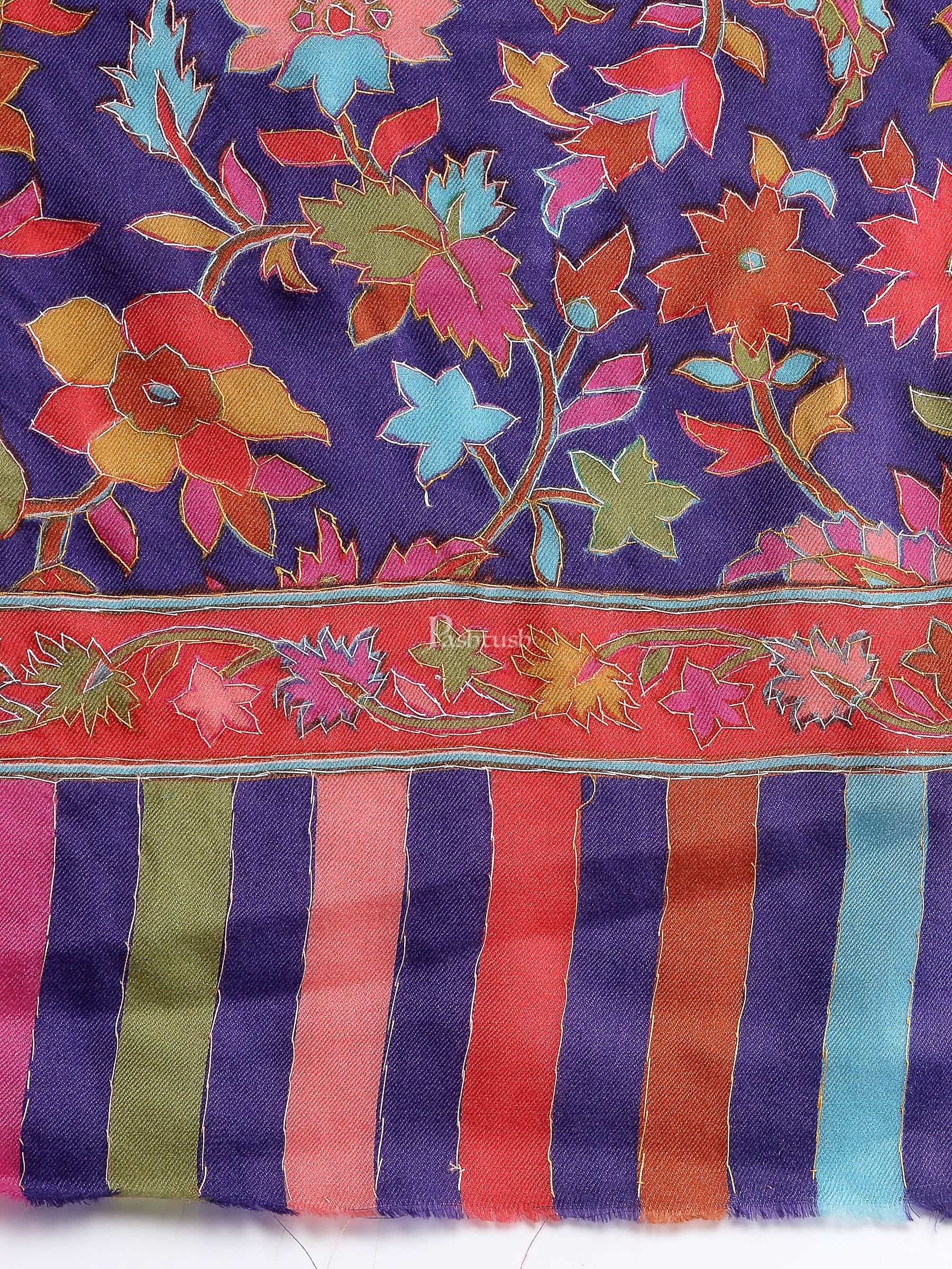 Pashtush India Womens Stoles and Scarves Scarf Pashtush Womens 100% Hand Embroidered Kalamkari Stole, Fine Wool, Blue