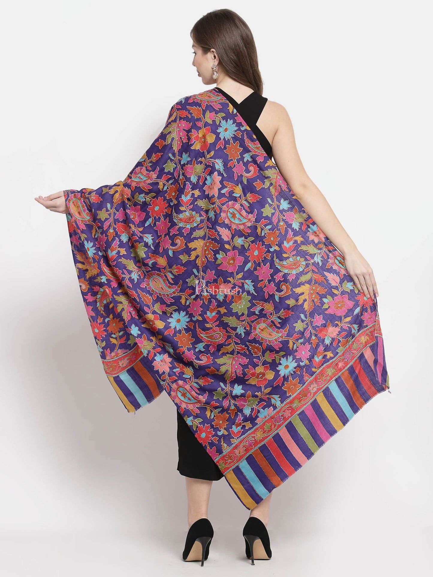 Pashtush India Womens Stoles and Scarves Scarf Pashtush Womens 100% Hand Embroidered Kalamkari Stole, Fine Wool, Blue