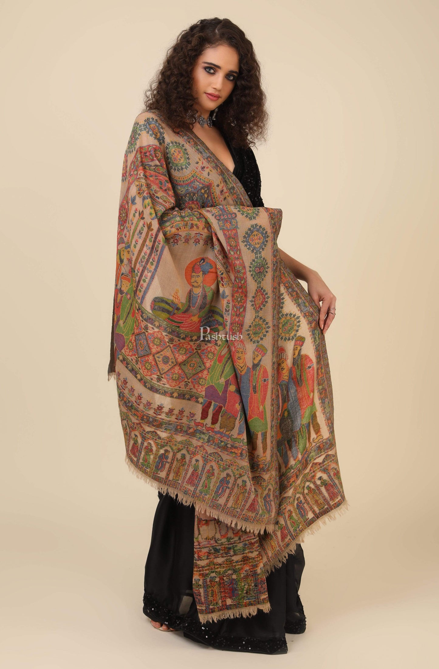 Pashtush India 100x200 Pashtush Womens 100% Pure Wool Darbar Design Shawl, With Woolmark Certification