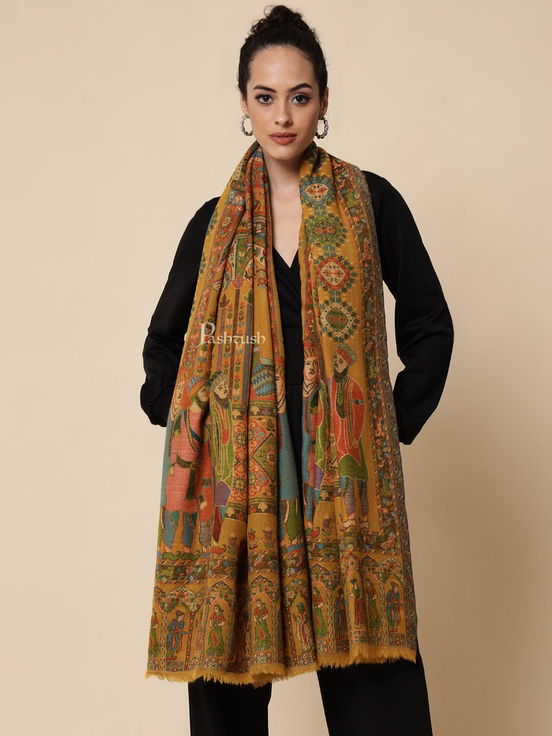 Pashtush India Womens Shawls Pashtush Womens 100% Pure Wool Darbar Design Shawl, With Woolmark Certification, Mustard