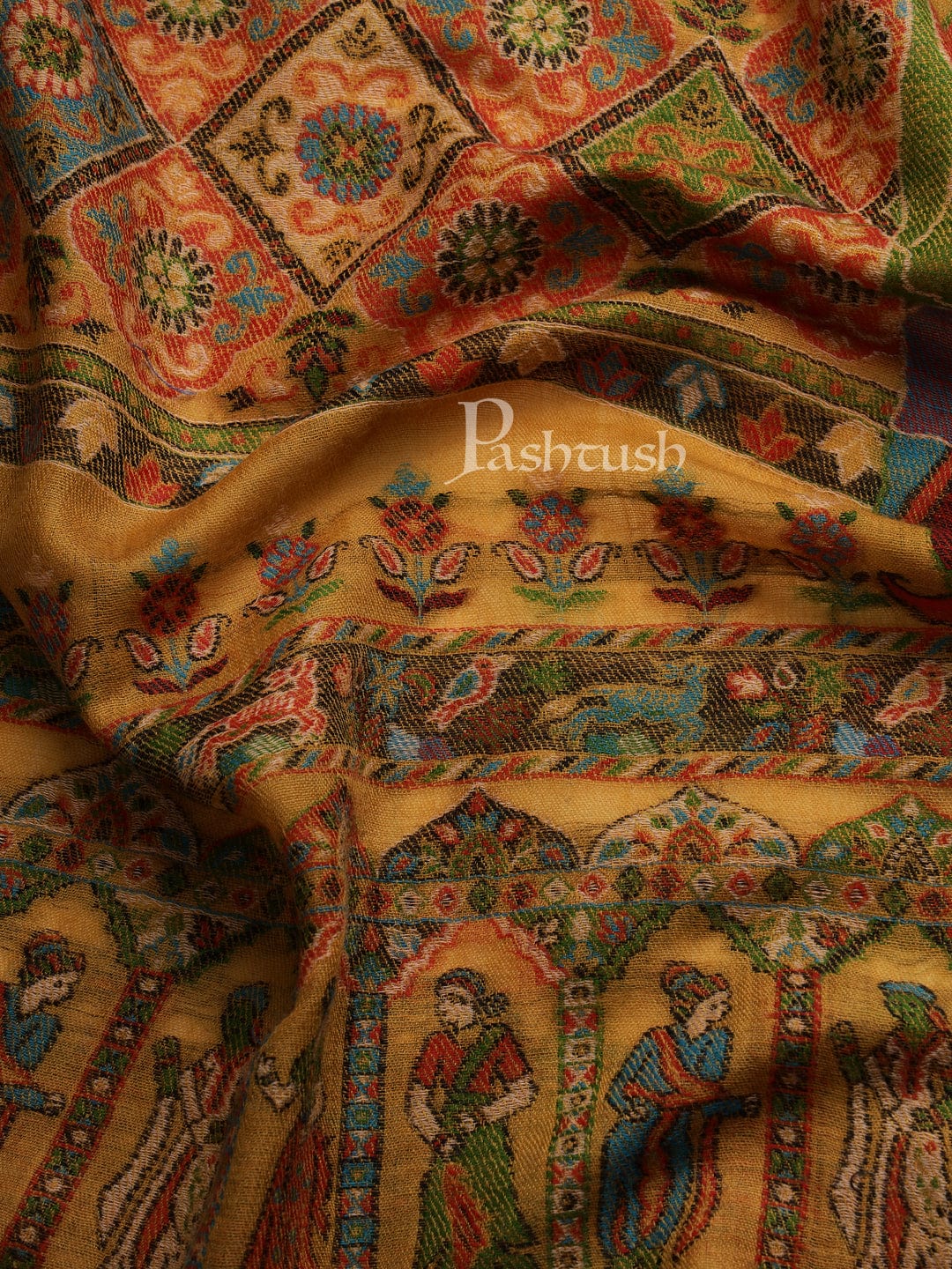 Pashtush India Womens Shawls Pashtush Womens 100% Pure Wool Darbar Design Shawl, With Woolmark Certification, Mustard