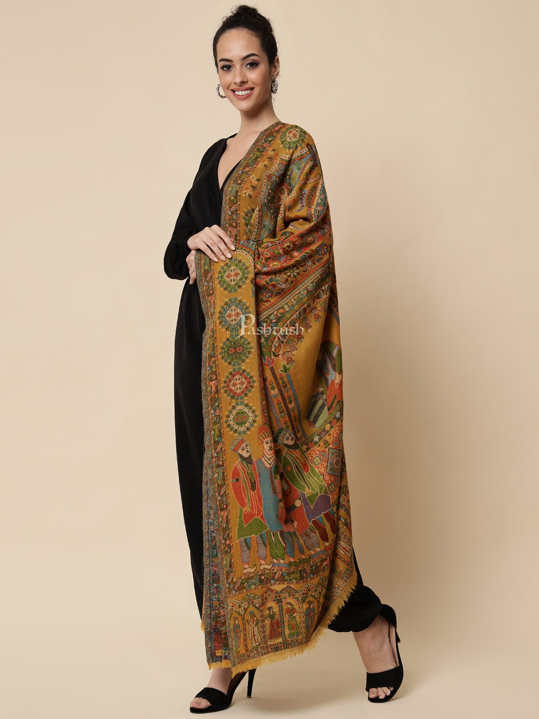 Pashtush India Womens Shawls Pashtush Womens 100% Pure Wool Darbar Design Shawl, With Woolmark Certification, Mustard