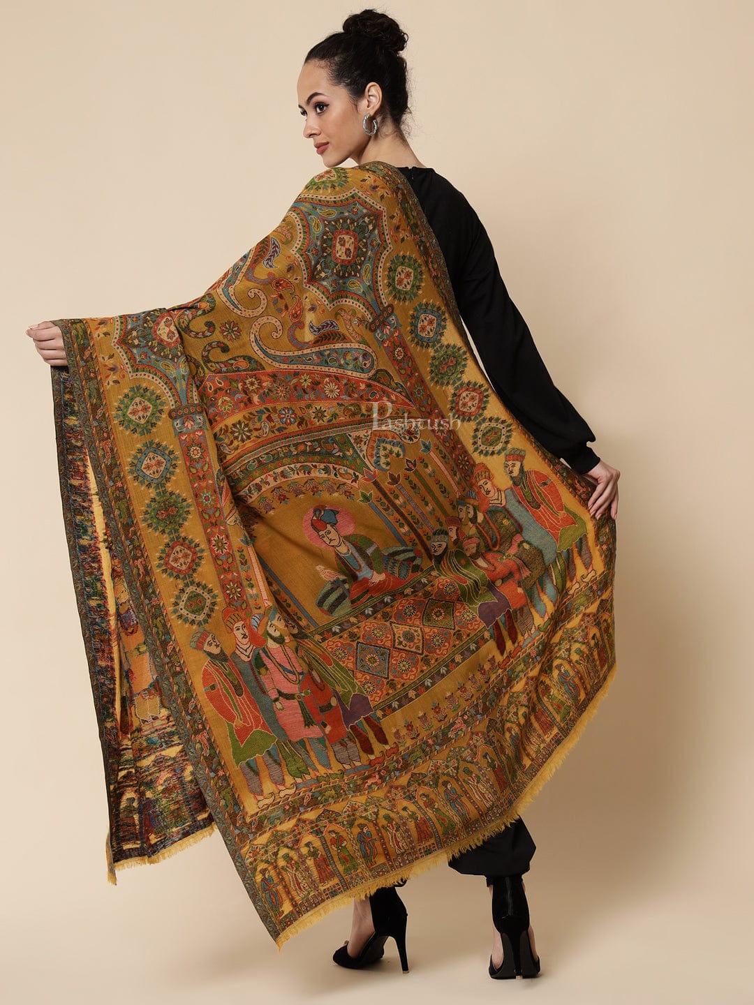 Pashtush India Womens Shawls Pashtush Womens 100% Pure Wool Darbar Design Shawl, With Woolmark Certification, Mustard