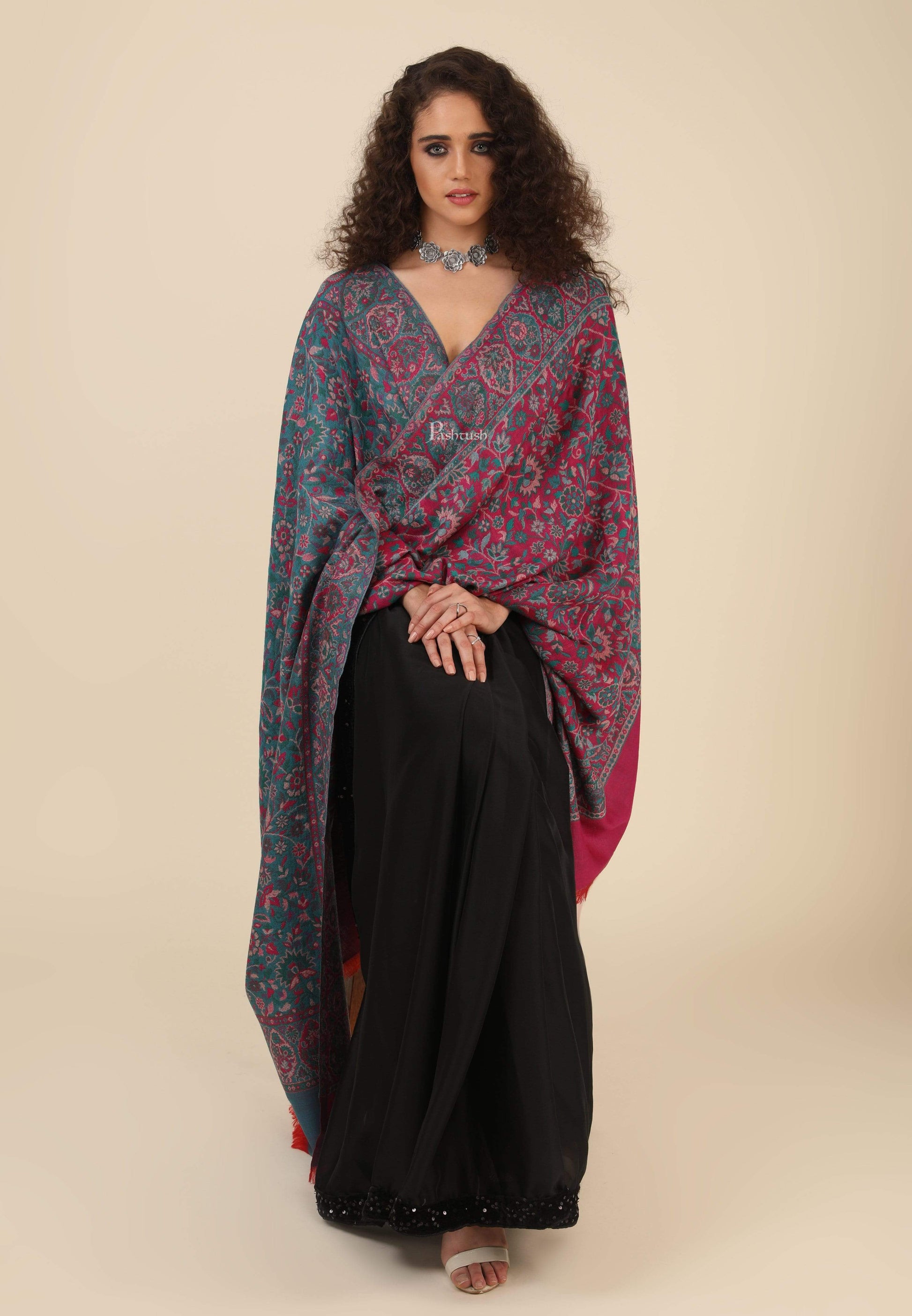 Pashtush India 100x200 Pashtush Womens 100% Pure Wool Ethnic Weave Shawl, Soft and Warm, With Woolmark Certificate black