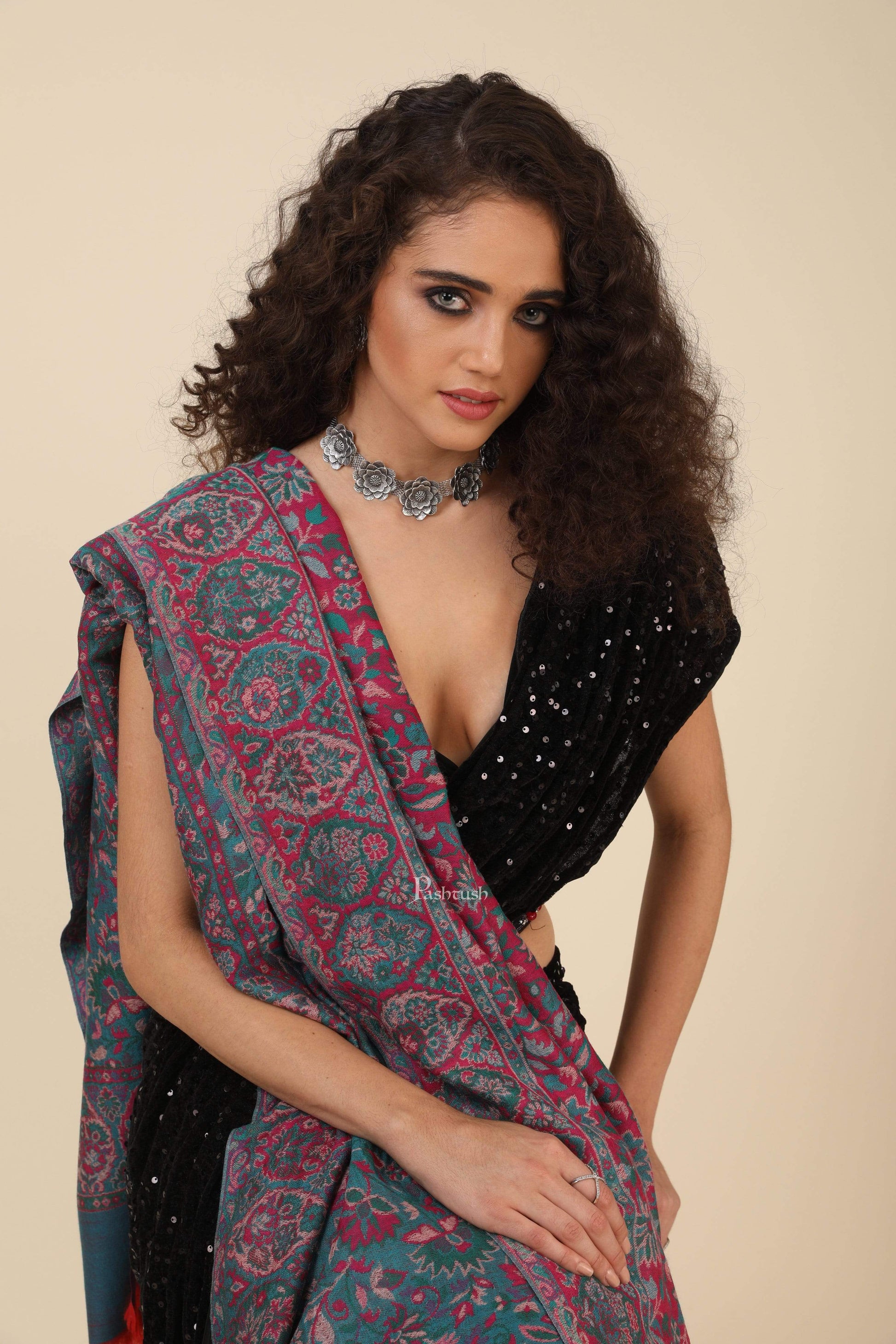 Pashtush India 100x200 Pashtush Womens 100% Pure Wool Ethnic Weave Shawl, Soft and Warm, With Woolmark Certificate black