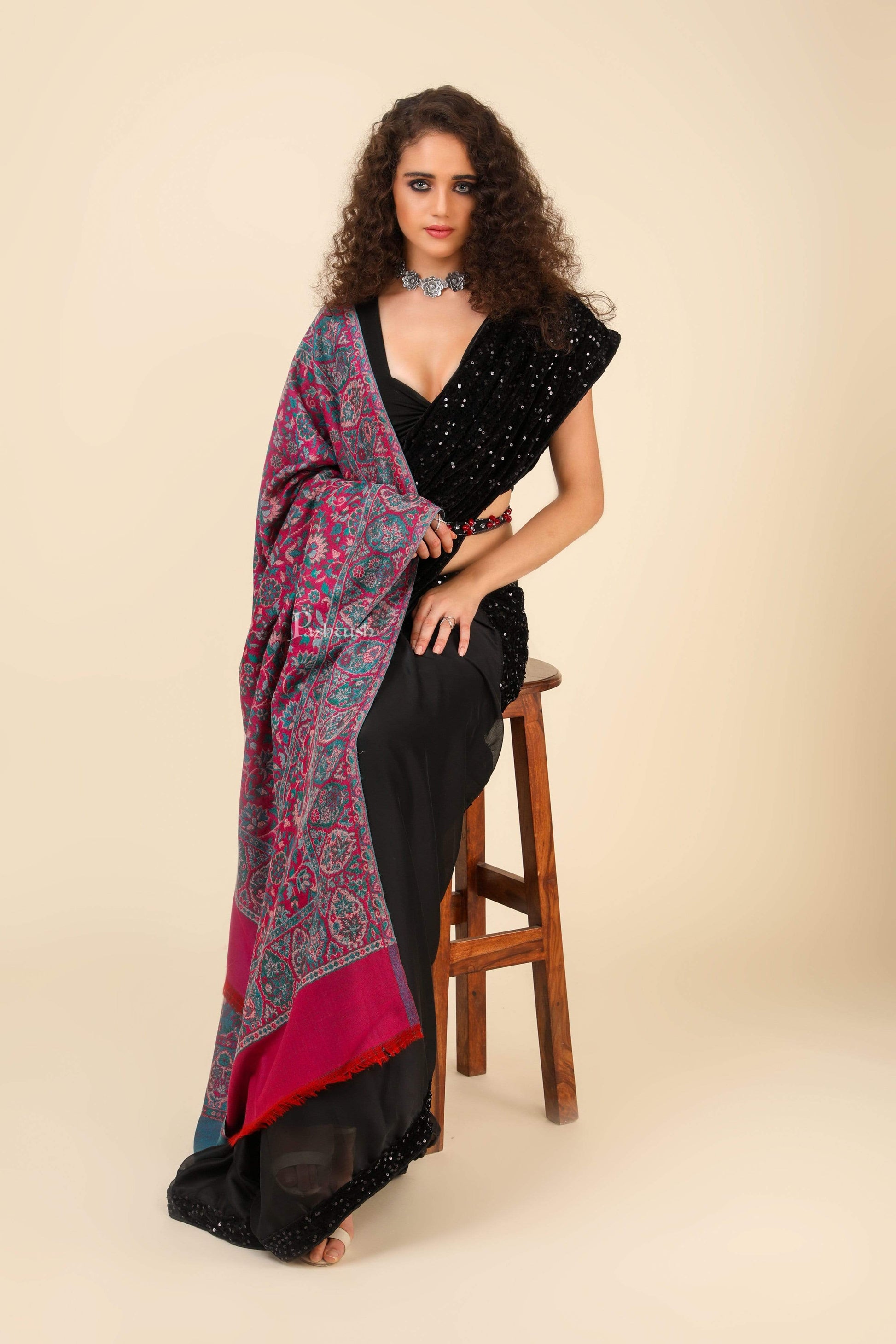Pashtush India 100x200 Pashtush Womens 100% Pure Wool Ethnic Weave Shawl, Soft and Warm, With Woolmark Certificate Maroon