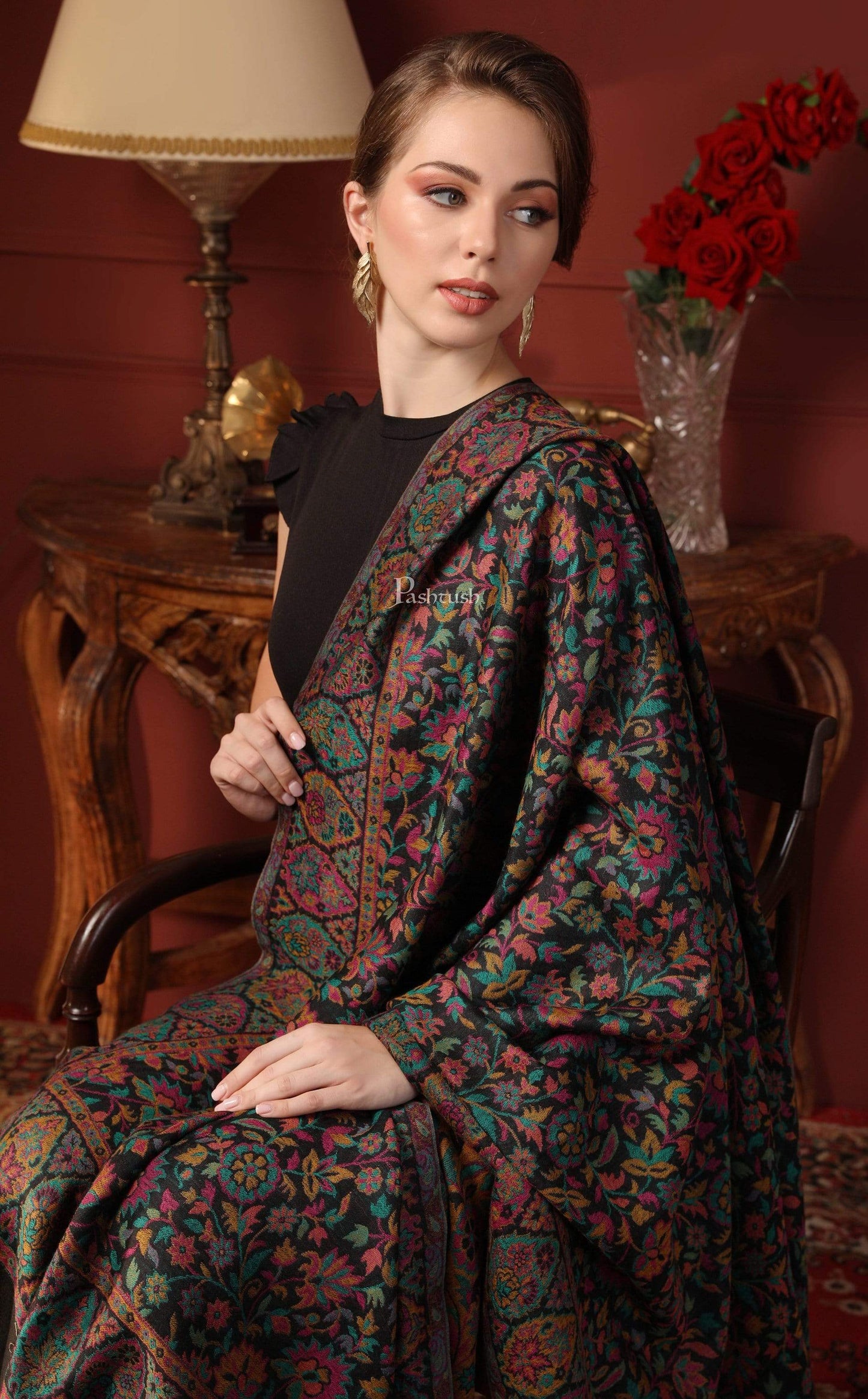 Pashtush India 100x200 Pashtush Womens 100% Pure Wool Kaani Weave Shawl, Soft and Warm, With Woolmark Certificate black