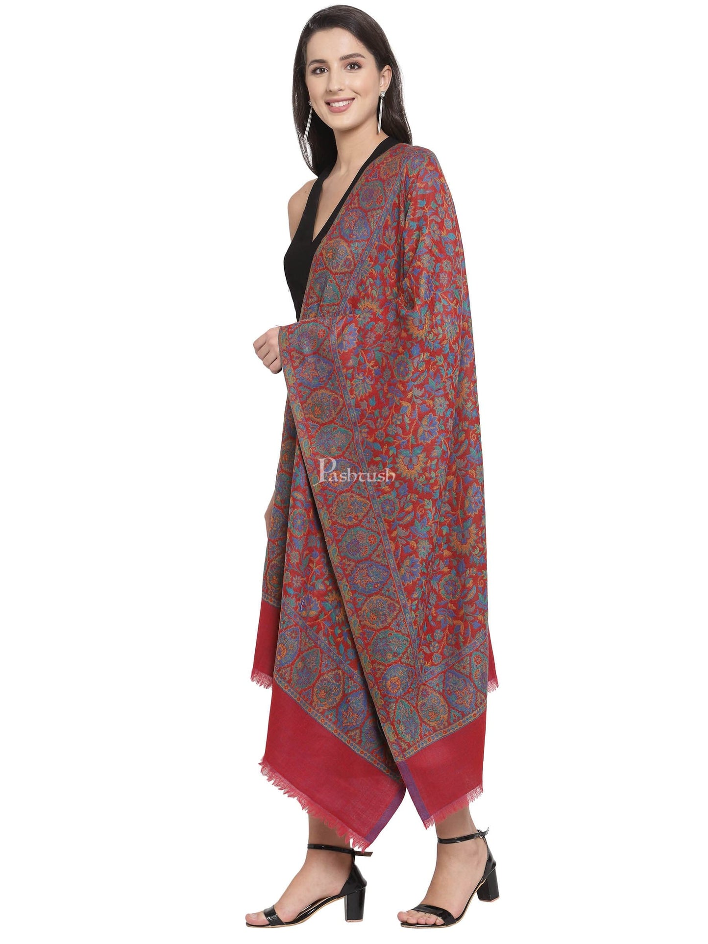 Pashtush India Womens Stoles and Scarves Scarf Pashtush Womens 100% Pure Wool Ring Soft Ethnic Weave Stole, Woolmark Certified Scarlet