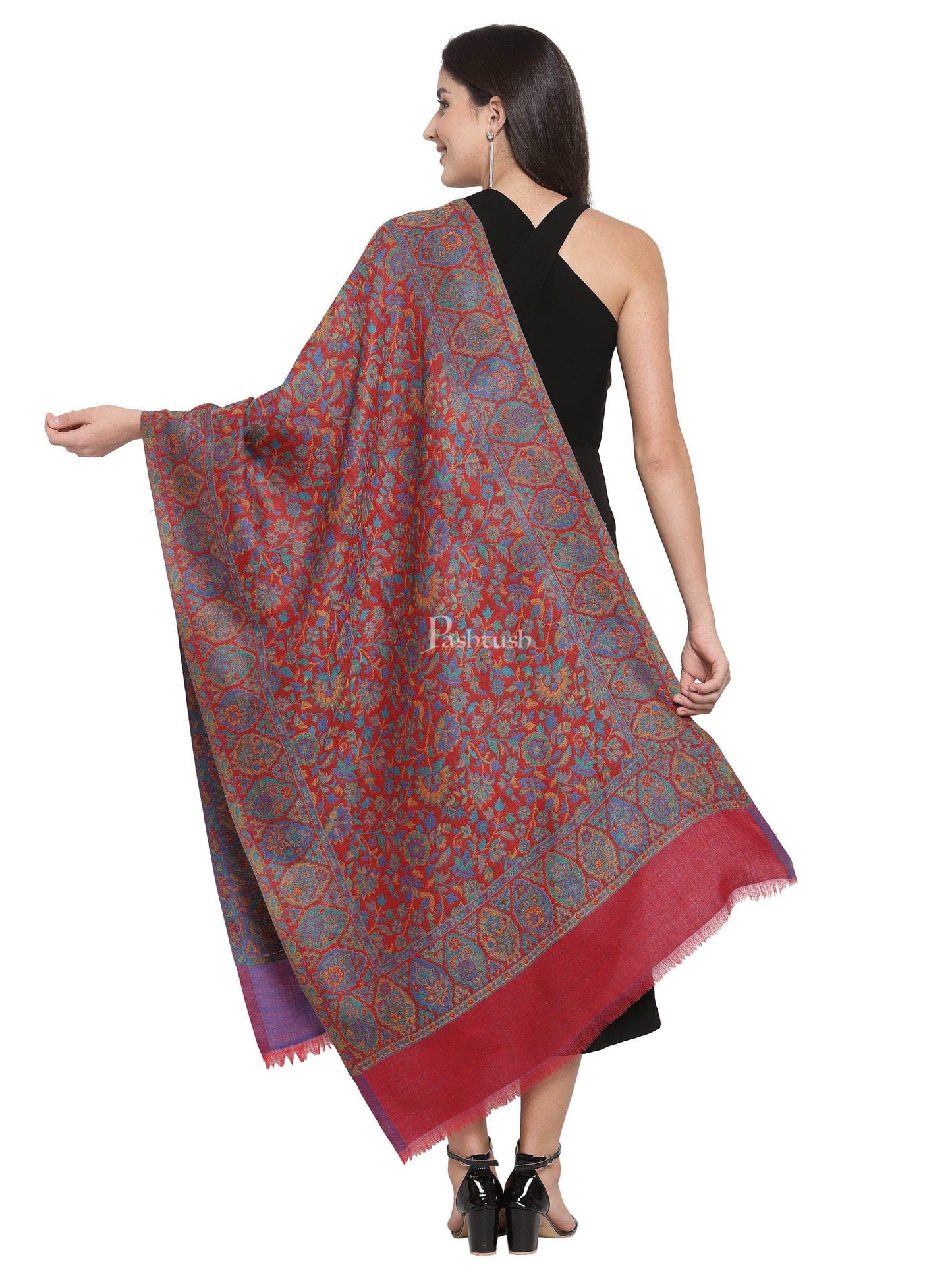 Pashtush India Womens Stoles and Scarves Scarf Pashtush Womens 100% Pure Wool Ring Soft Ethnic Weave Stole, Woolmark Certified Scarlet