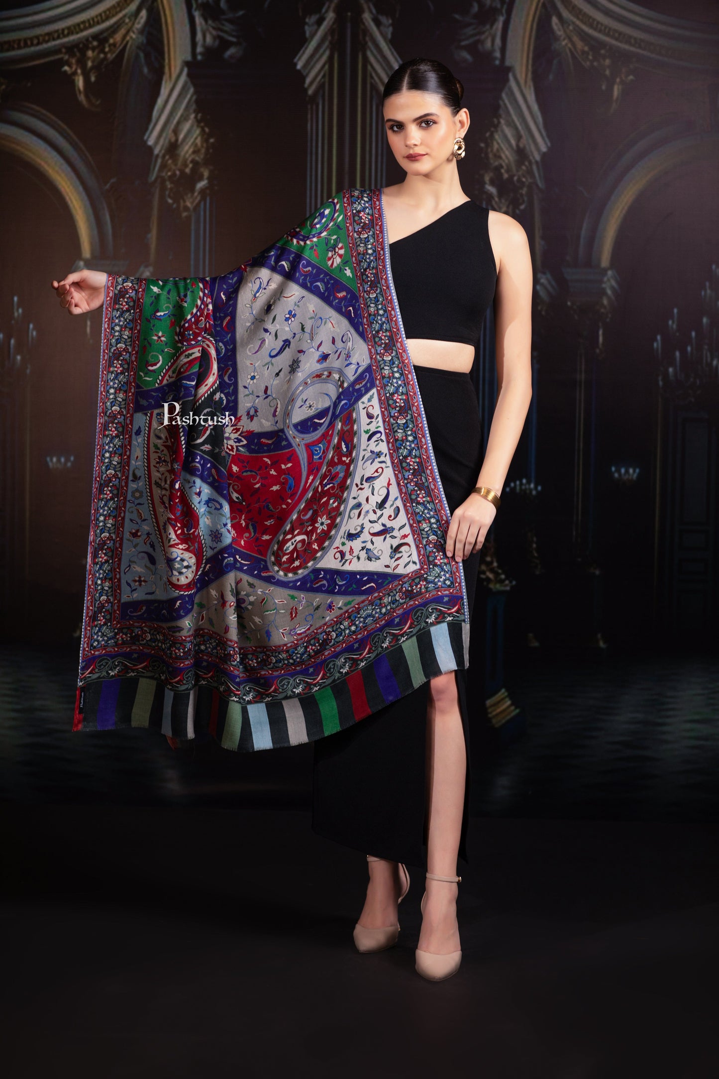 Pashtush India Womens Shawls Pashtush Womens 100% Pure Wool Shawl With Woolmark Certificate, Chanting Paisleys Design, Multicolour