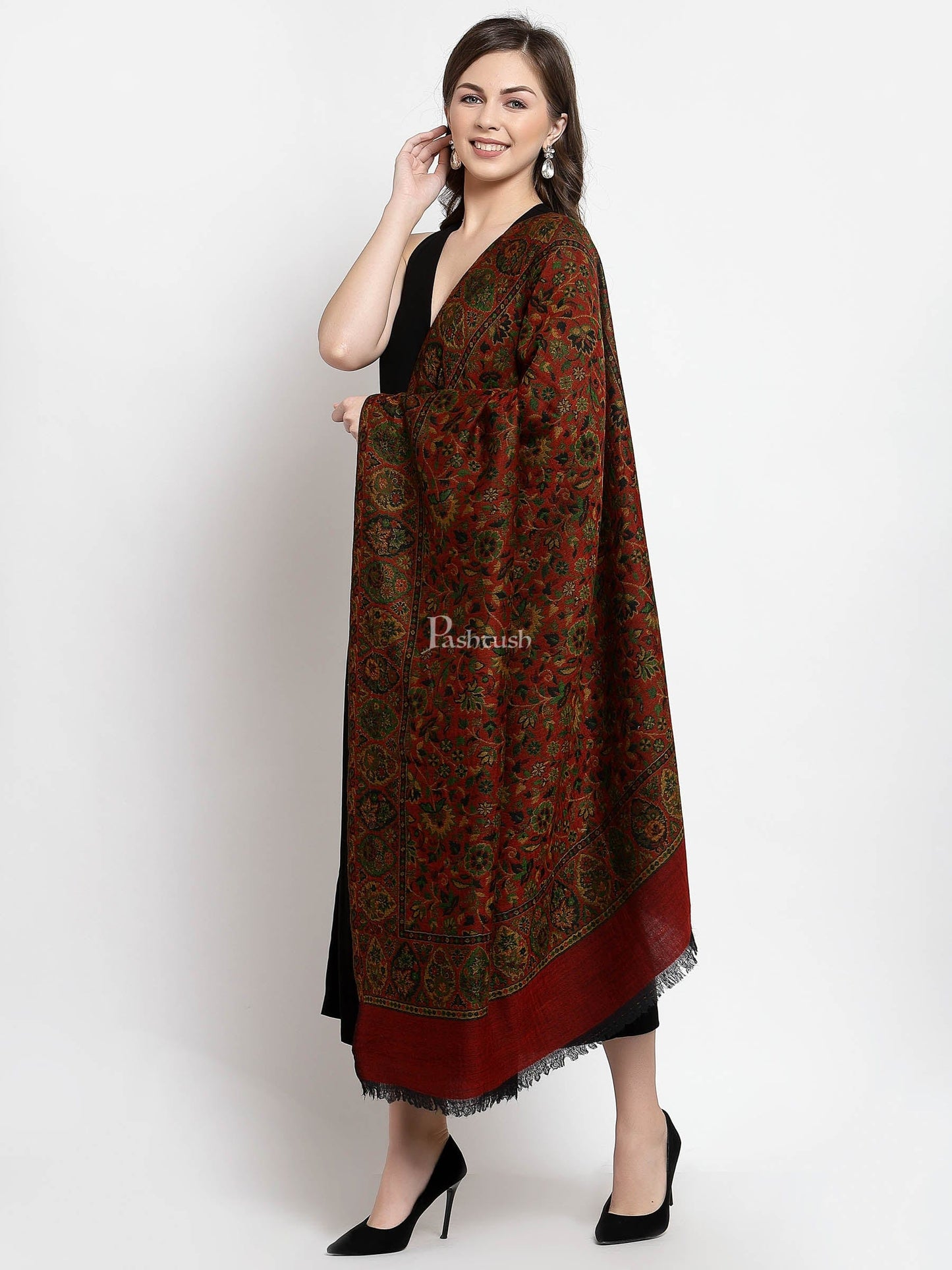 Pashtush India Womens Shawls Pashtush Womens 100% Pure Wool Twin Color Reversible Ethnic Weave Shawl, Soft And Warm, With Woolmark Certificate