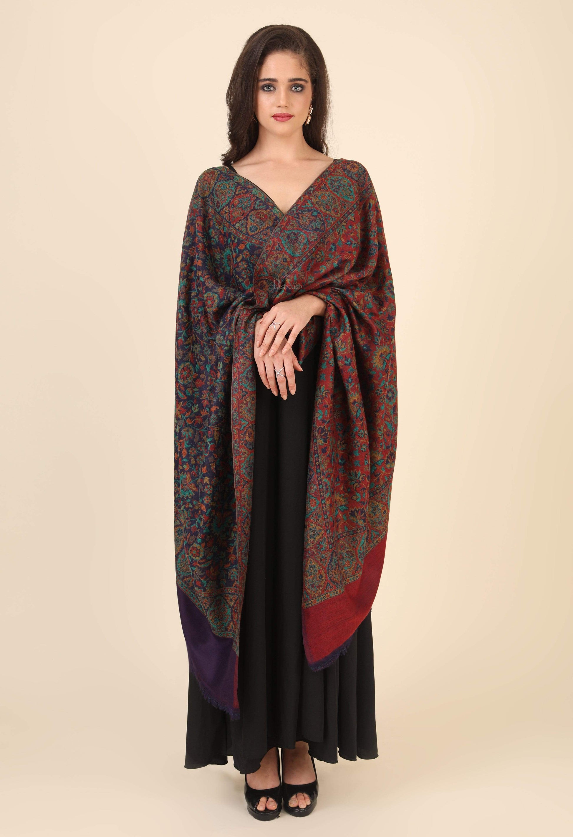 Pashtush India 100x200 Pashtush Womens 100% Pure Wool Twin Color Reversible Ethnic Weave Shawl, Soft and Warm, With Woolmark Certificate black