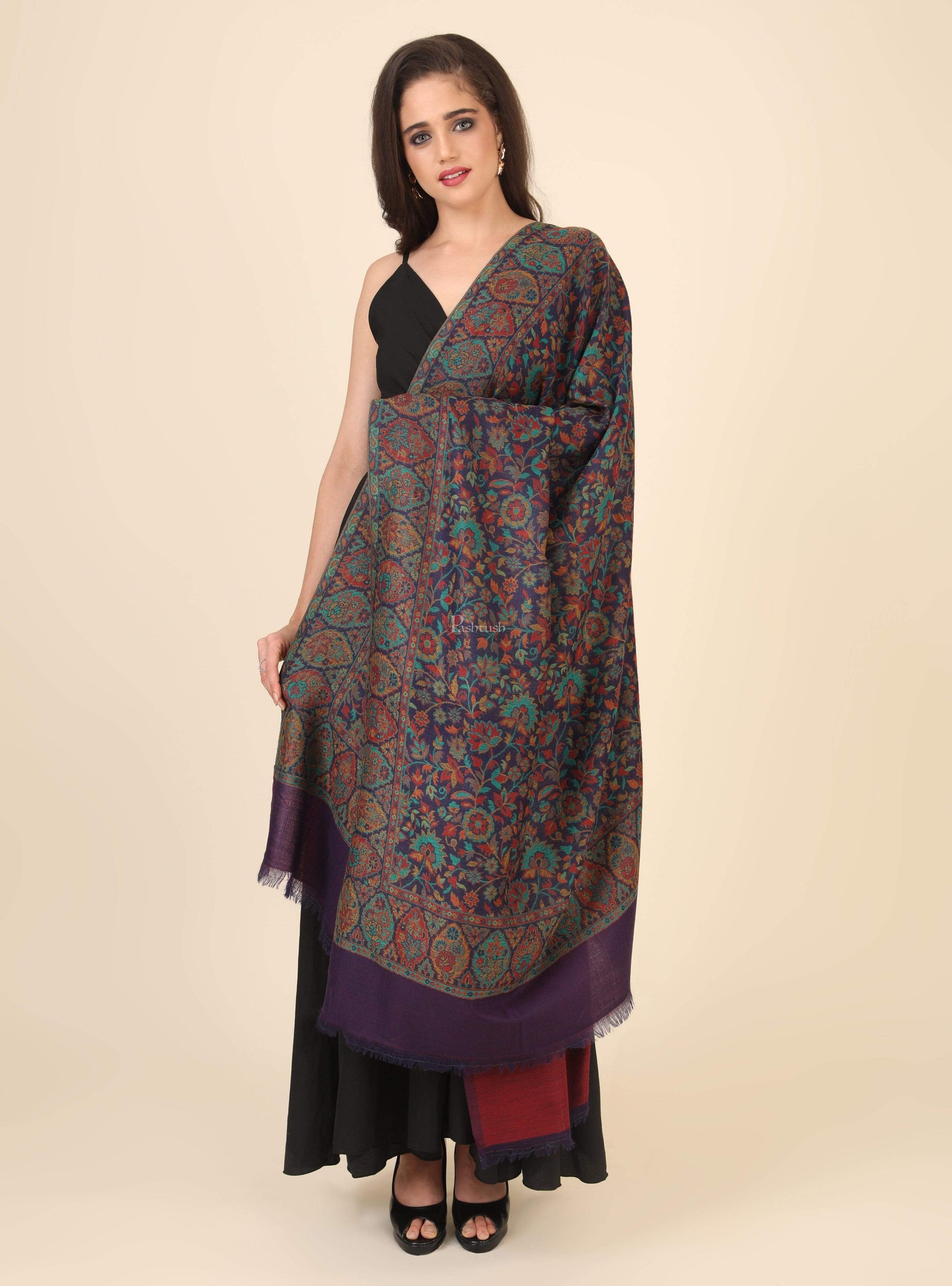 Pashtush India 100x200 Pashtush Womens 100% Pure Wool Twin Color Reversible Ethnic Weave Shawl, Soft and Warm, With Woolmark Certificate black
