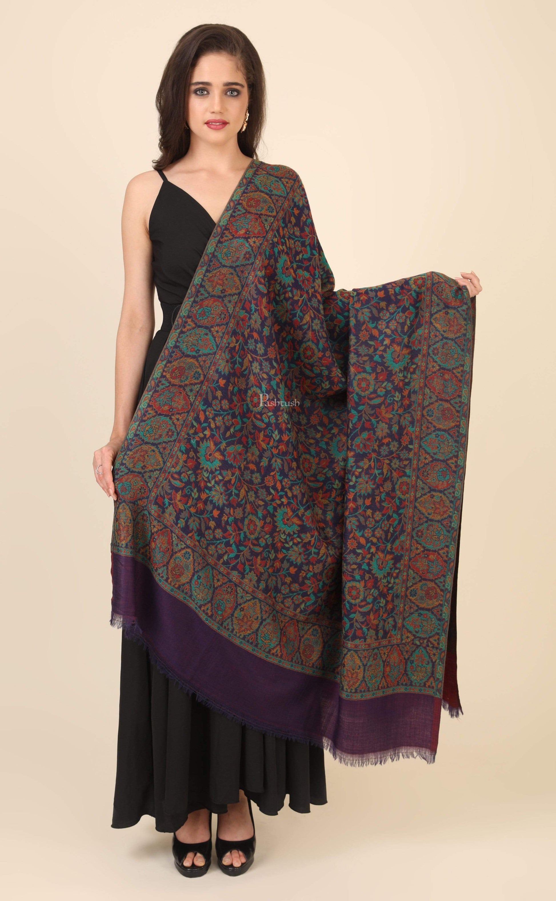 Pashtush India 100x200 Pashtush Womens 100% Pure Wool Twin Color Reversible Ethnic Weave Shawl, Soft and Warm, With Woolmark Certificate black
