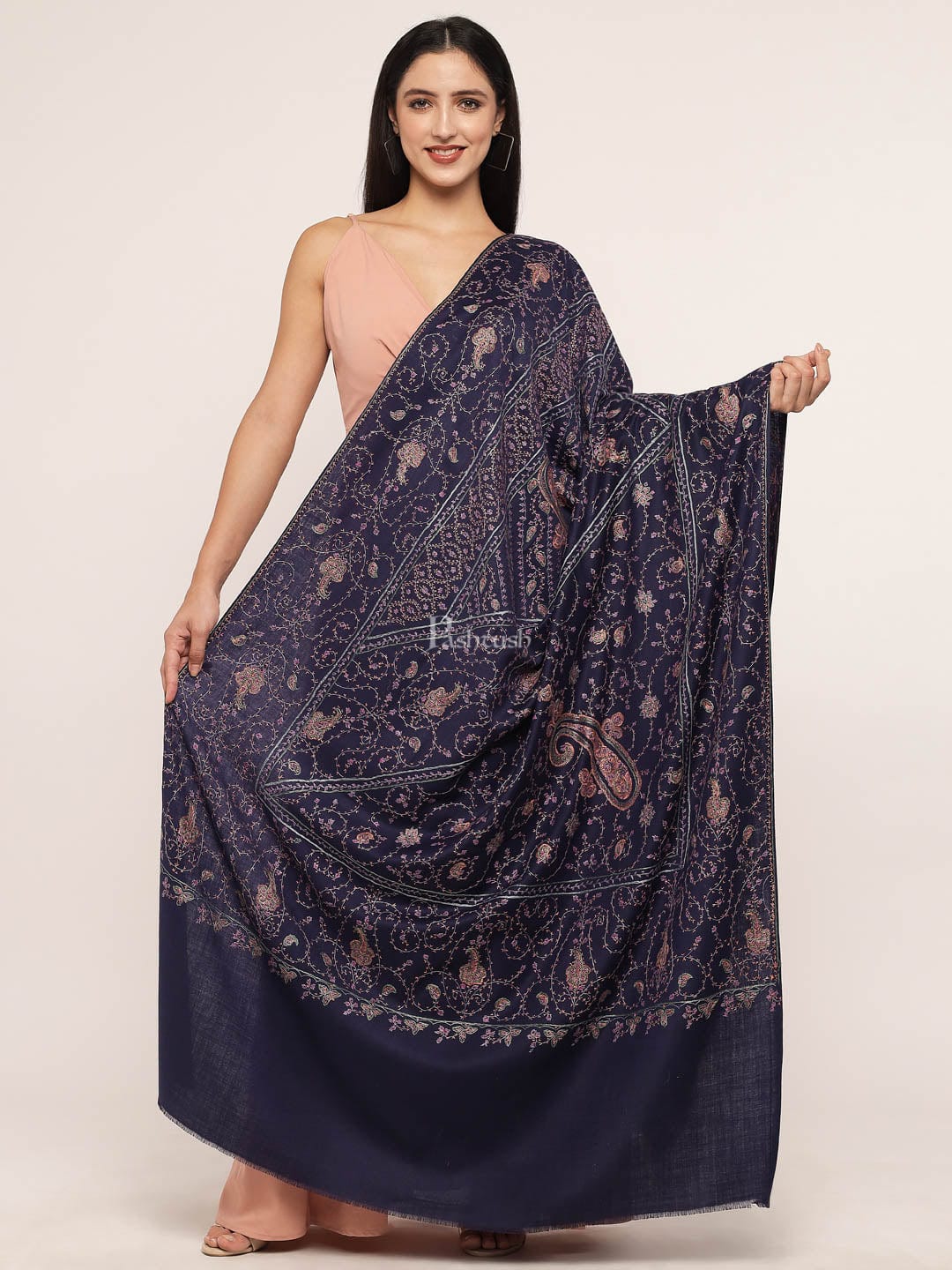 Pashtush India Womens Shawls Pashtush womens 100% Pure Wool with Woolmark Certificate shawl, 100% hand embroidery design, Blue