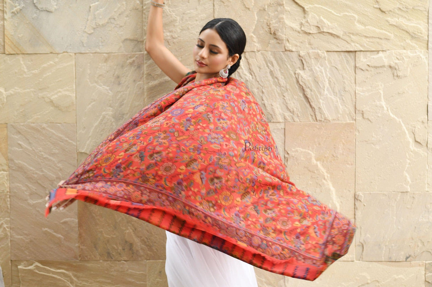 Pashtush India Womens Shawls Pashtush Womens 100% Pure Wool With Woolmark Certificate Shawl, Antique Kalamkari Weave, Aesthetic Woven Design, Red
