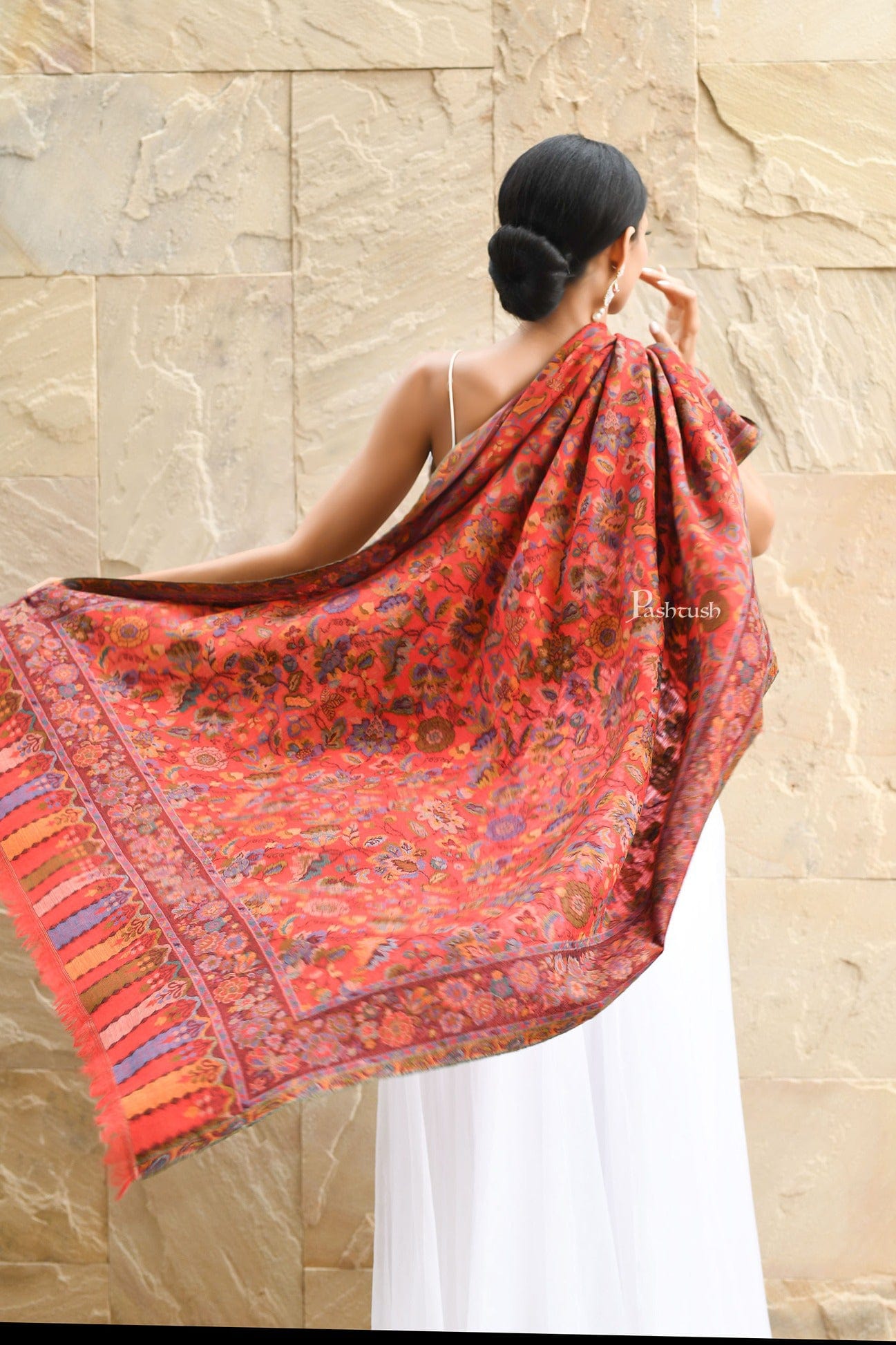 Pashtush India Womens Shawls Pashtush Womens 100% Pure Wool With Woolmark Certificate Shawl, Antique Kalamkari Weave, Aesthetic Woven Design, Red