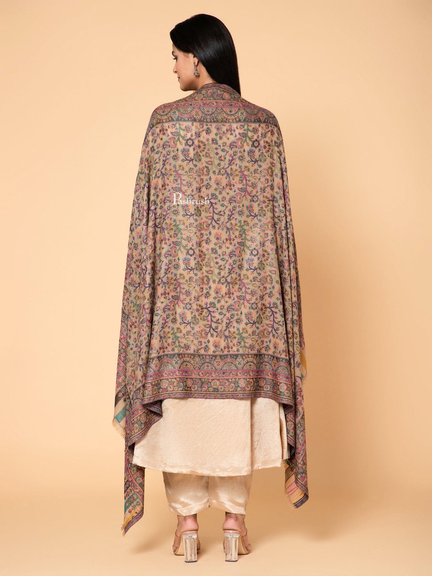 Pashtush India Womens Shawls Pashtush Womens 100% Pure Wool With Woolmark Certificate Shawl, Ethnic Paisley Weave ,Soft And Warm Design, Beige