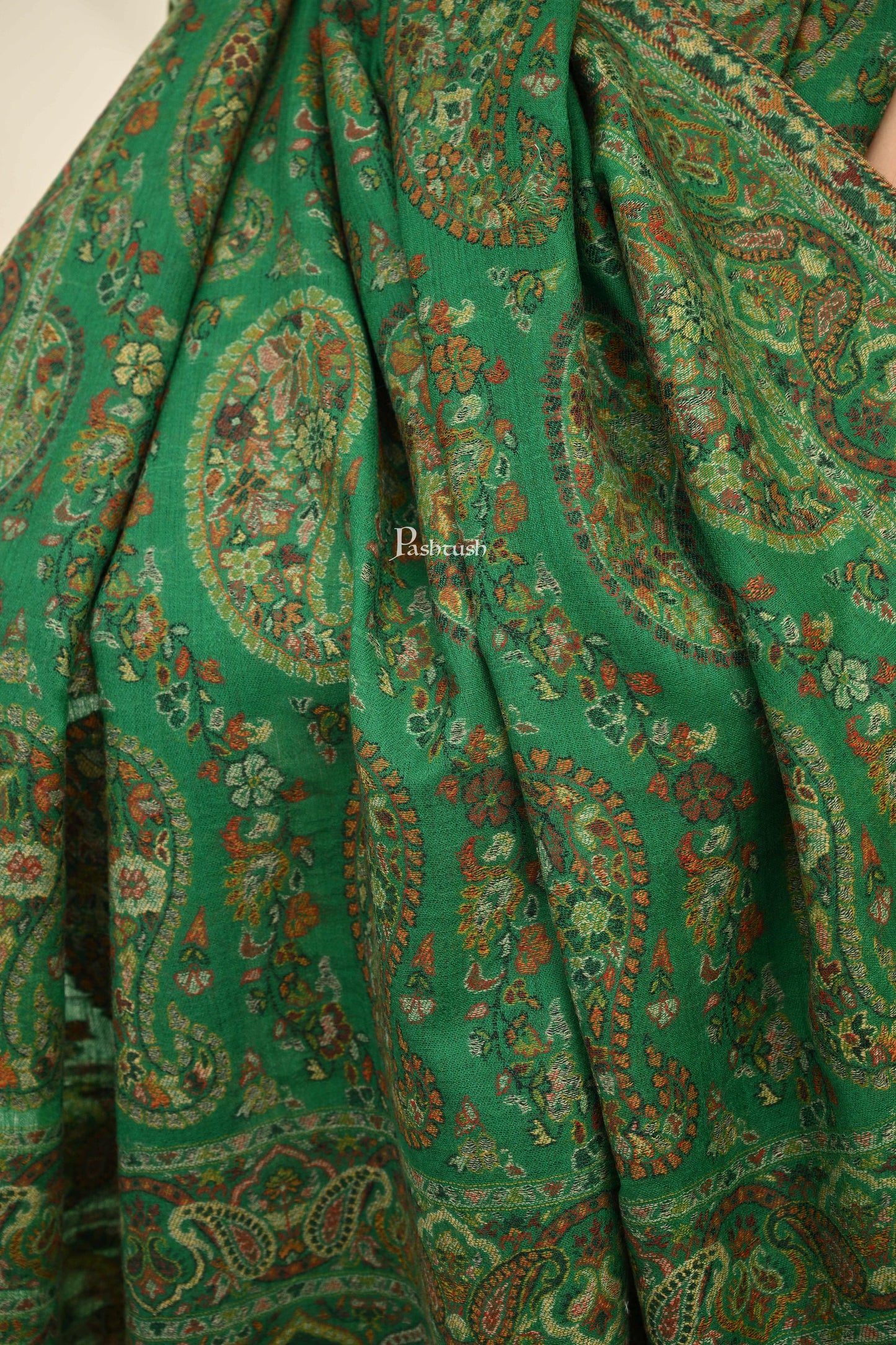 Pashtush India Womens Shawls Pashtush Womens 100% Pure Wool With Woolmark Certificate Shawl, Ethnic Paisley Weave ,Soft And Warm Design, Green