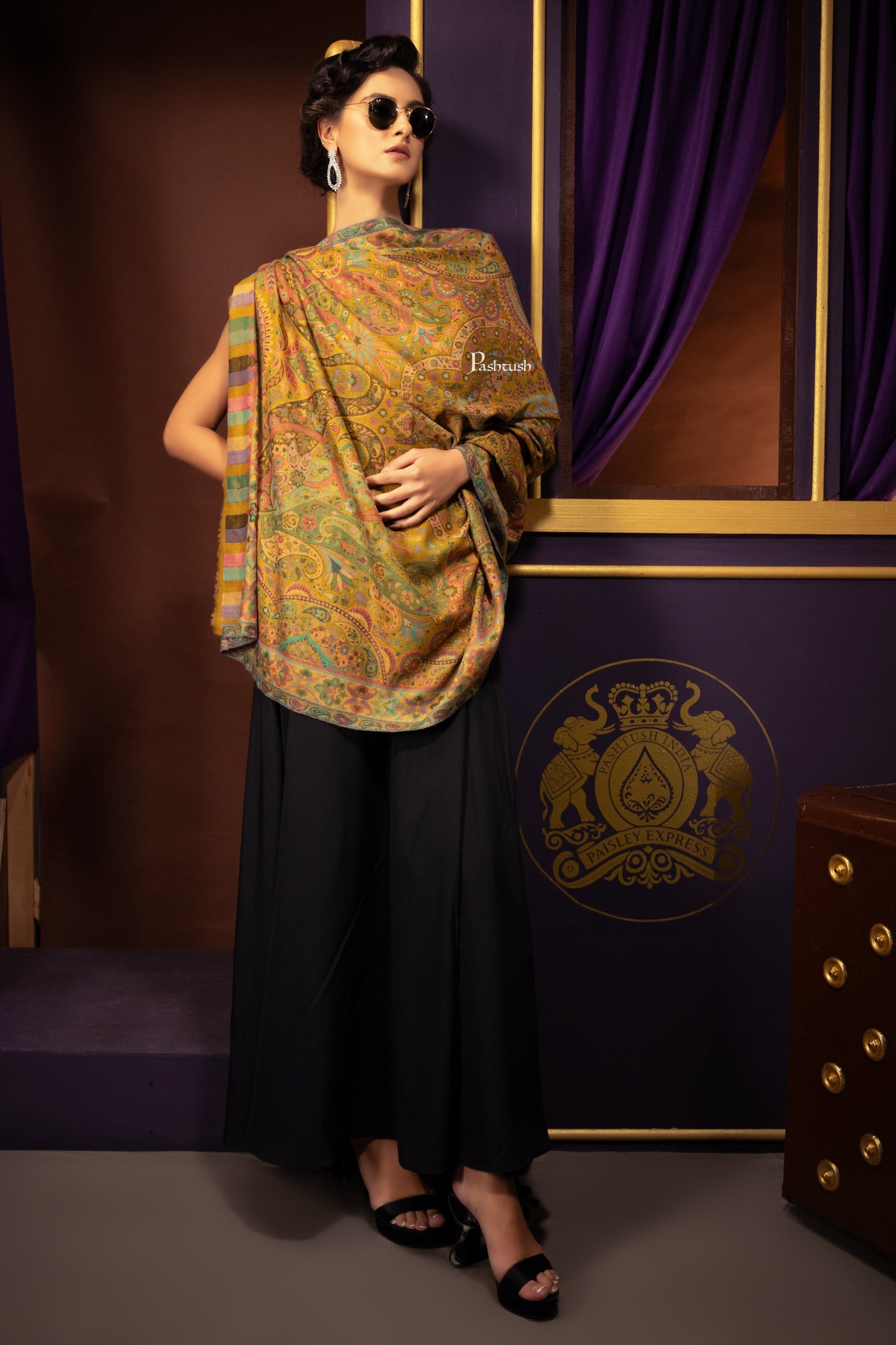 Pashtush India Womens Shawls Pashtush Womens 100% Pure Wool With Woolmark Certificate Shawl, Ethnic Paisley Weave Soft And Warm Design, Mustard